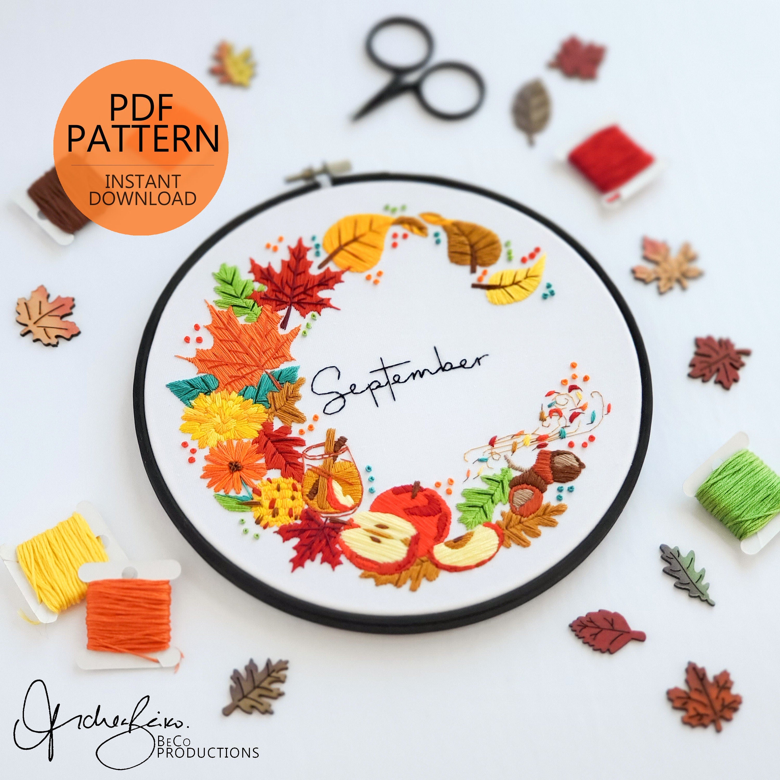 SEPTEMBER Monthly Series Wreath - PDF Digital Download Embroidery Pattern & Guide