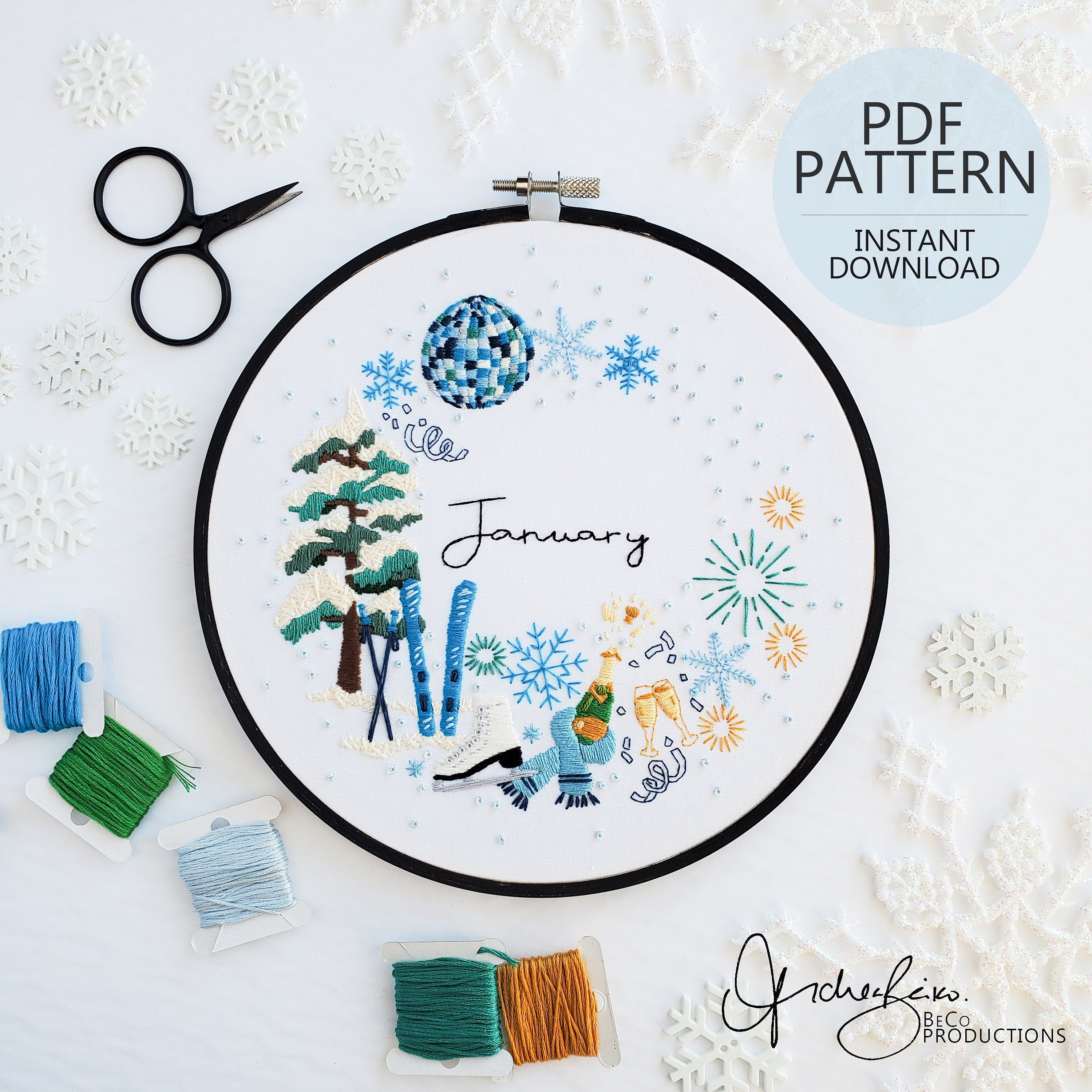 JANUARY Monthly Series Wreath - PDF Digital Download Embroidery Pattern & Guide