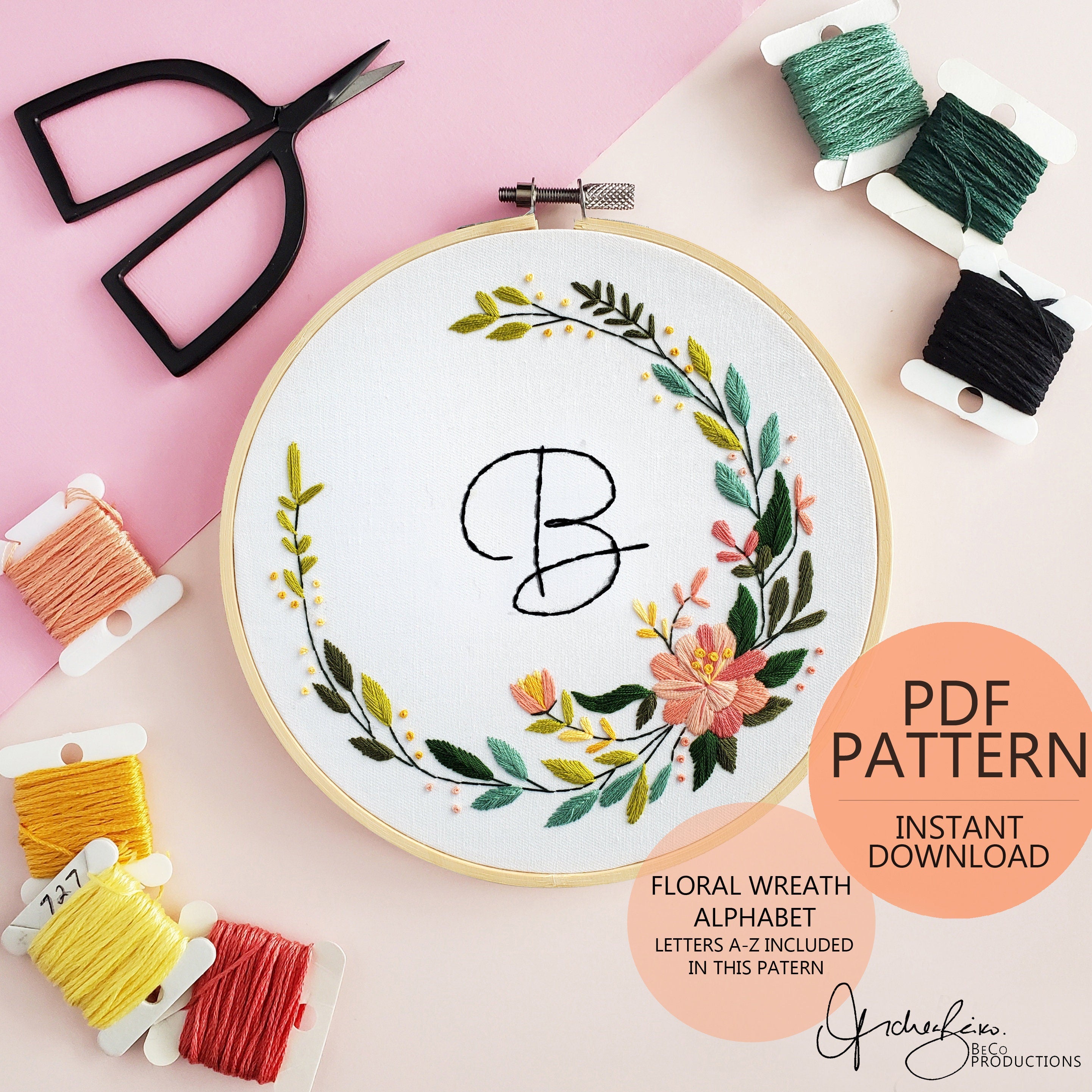 Floral Wreath Alphabet (Letters A-Z) - PDF Digital Download Embroidery Pattern & Guide