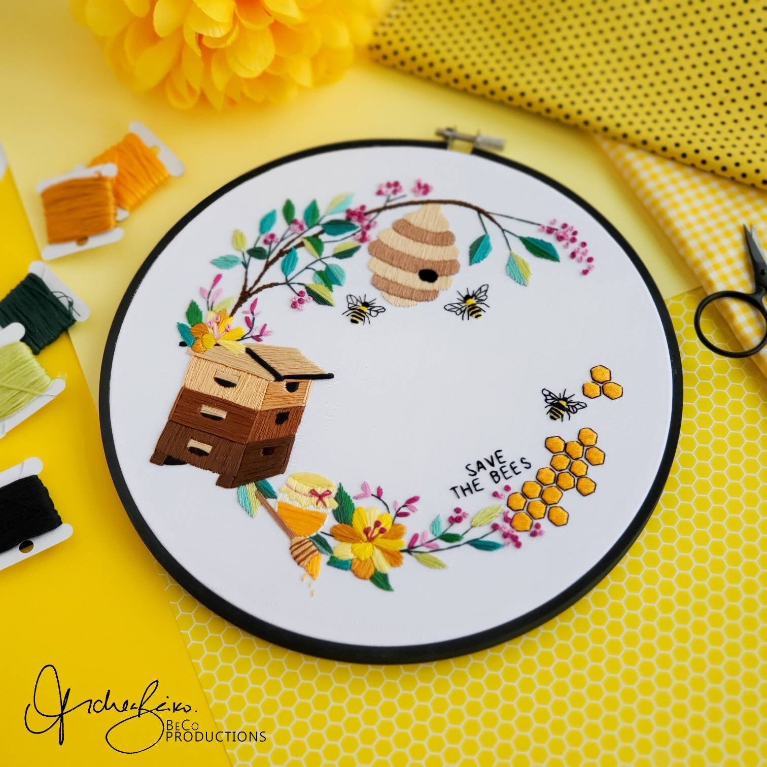Beehive Floral Wreath - PDF Digital Download Embroidery Pattern & Guide