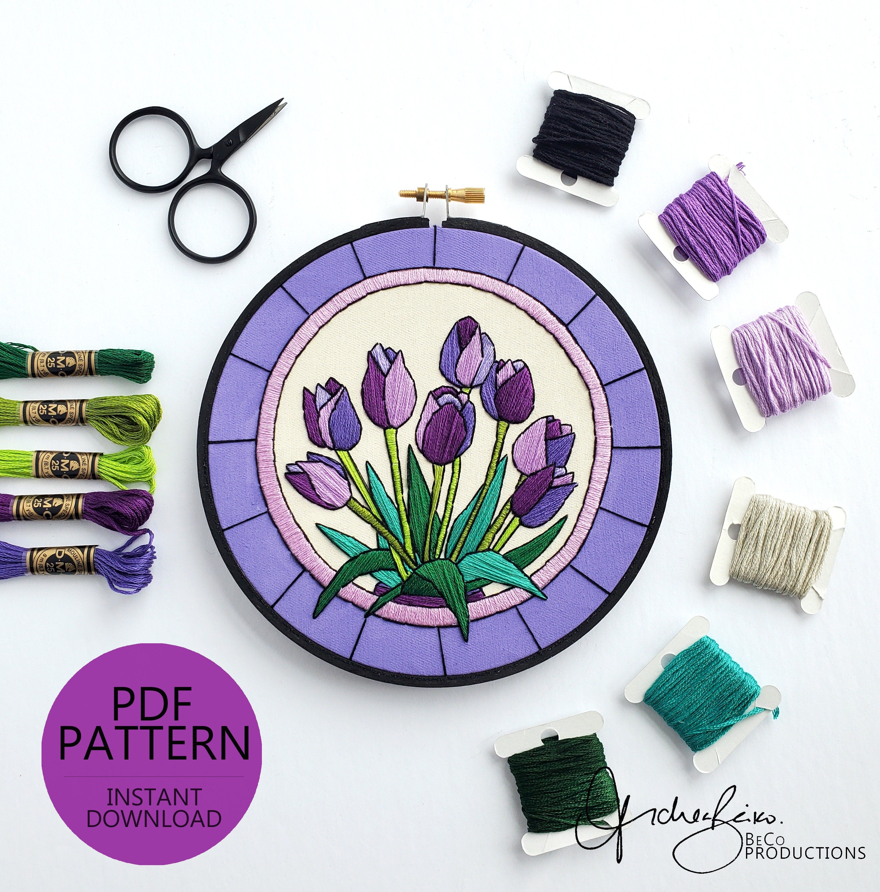 APRIL Monthly Series Stained Glass Tulips - PDF Digital Download Embroidery Pattern & Guide
