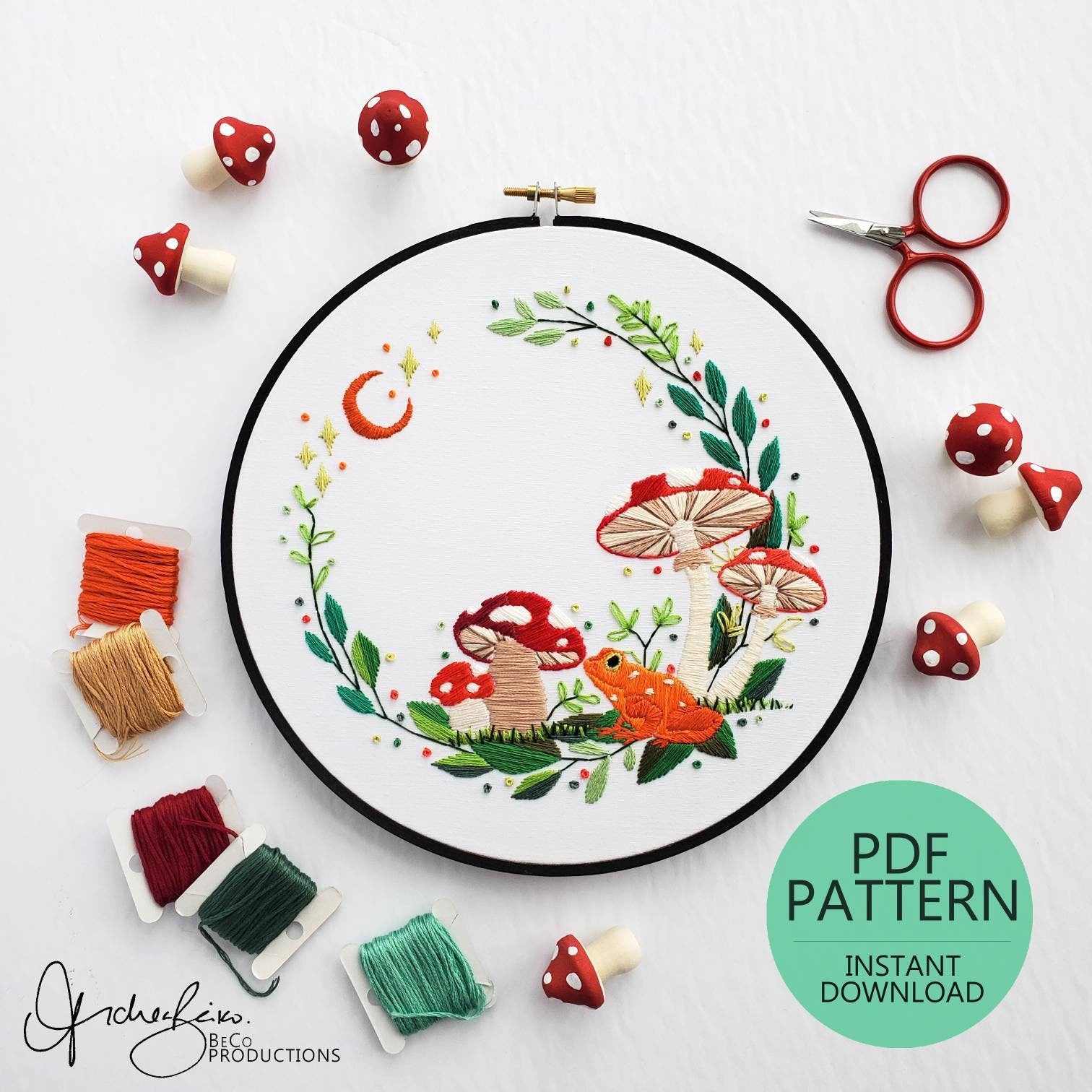 Mushroom & Frog Wreath - PDF Digital Download Embroidery Pattern & Guide