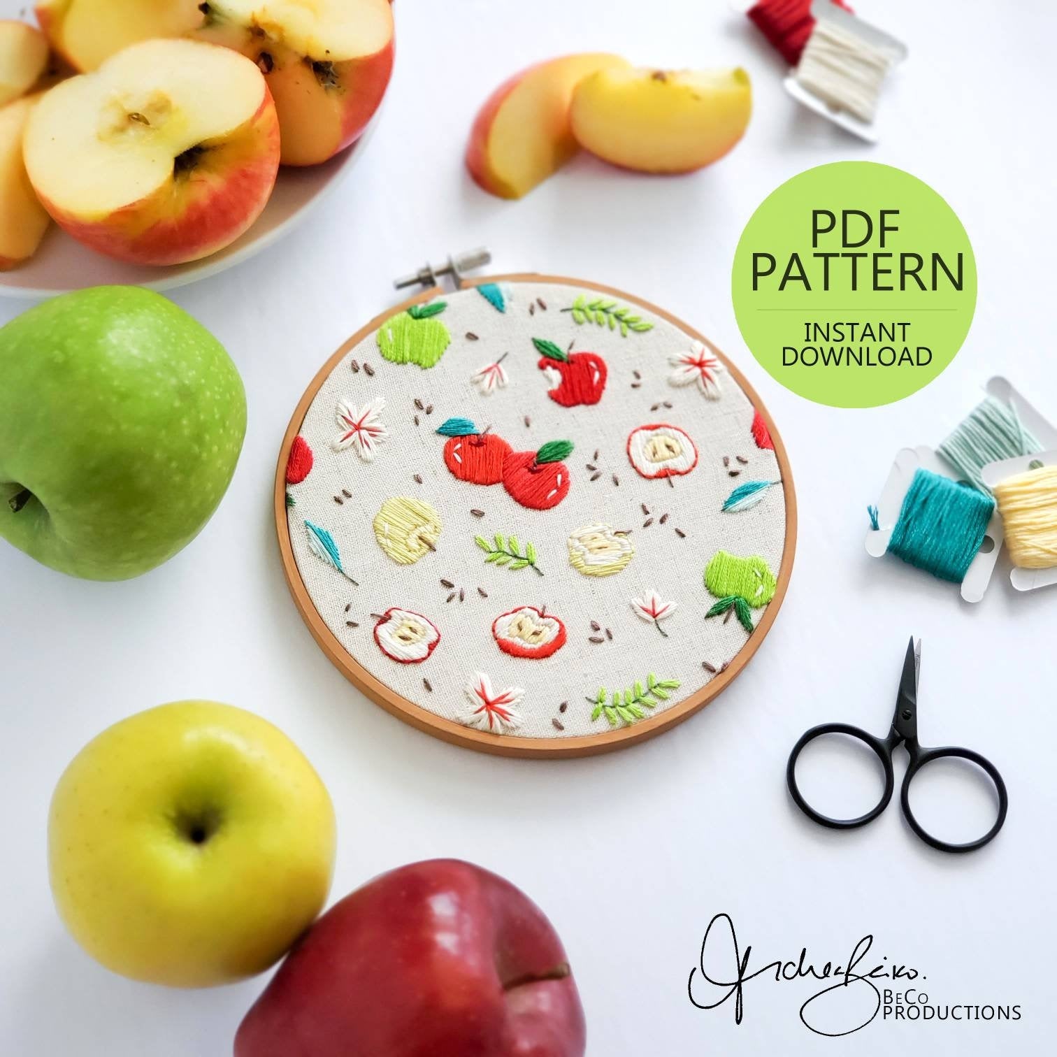 Apple Life Cycle Print - PDF DIgital Download Embroidery Pattern & Guide