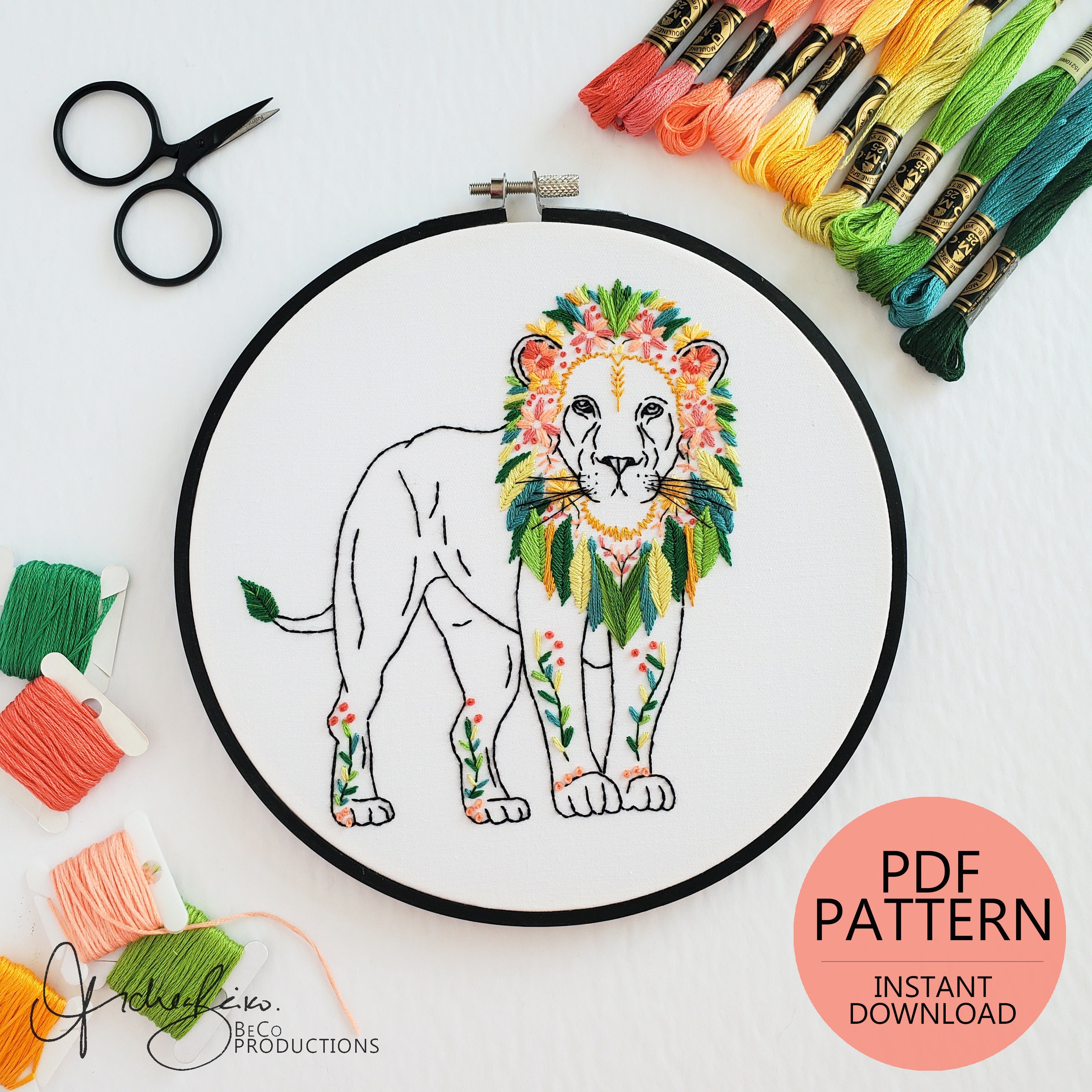 Floral Lion - PDF Digital Download Embroidery Pattern & Guide
