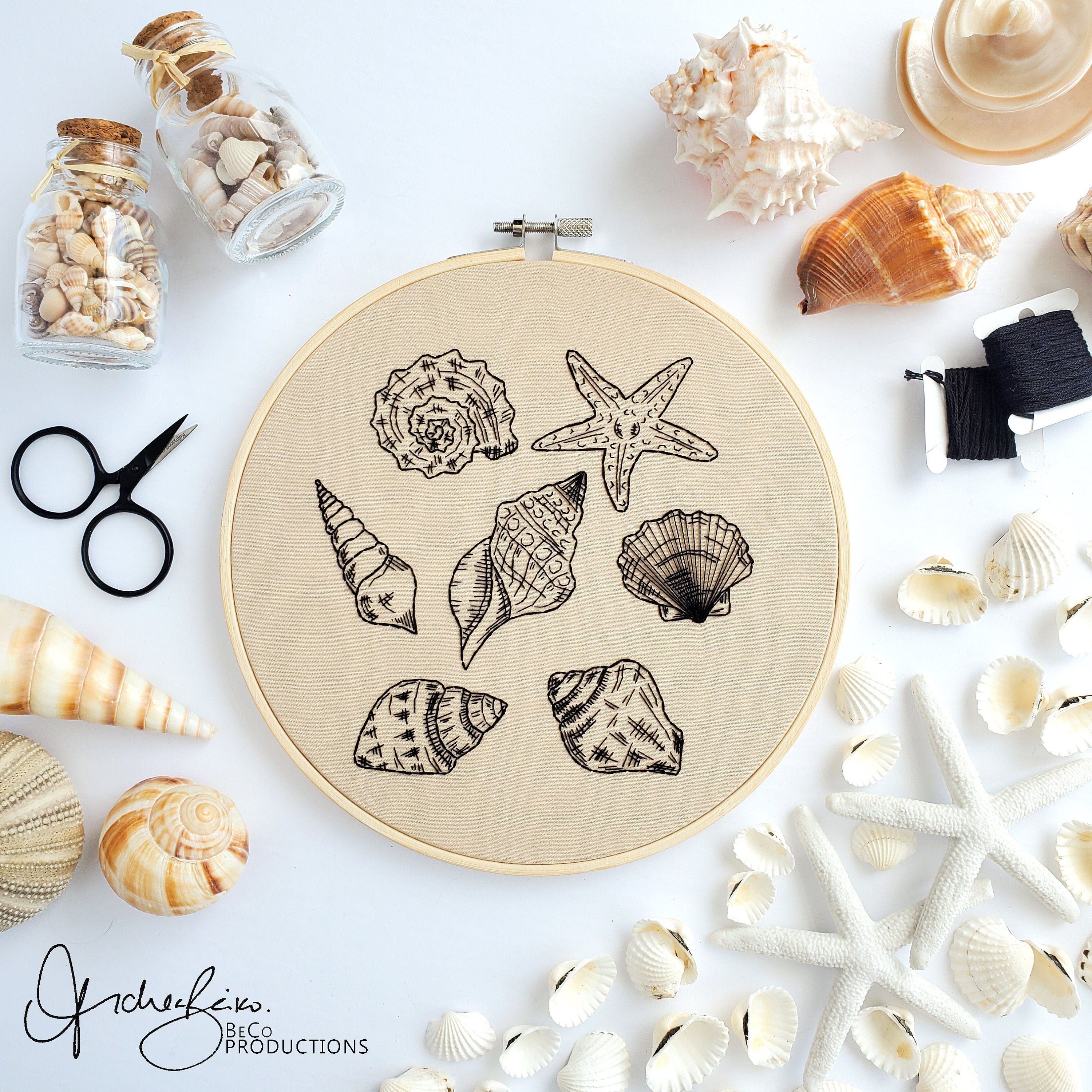 Seashell Drawing - PDF Digital Download Embroidery Pattern and Guide