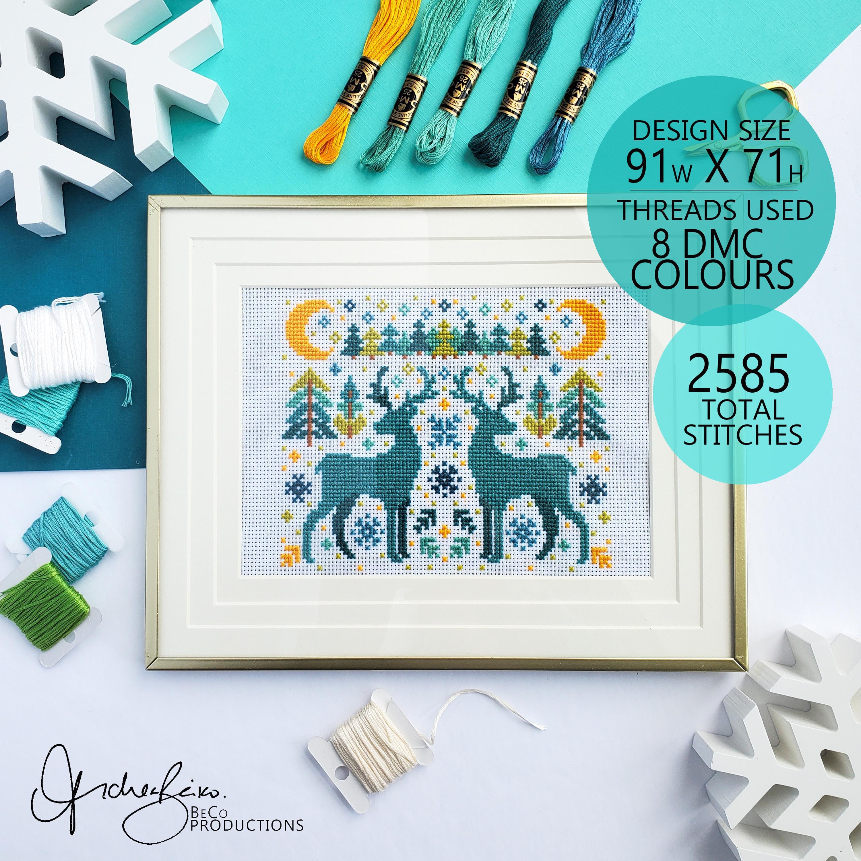 Winter Deer Folk Art Scene - PDF Digital Download Cross Stitch Pattern & Guide