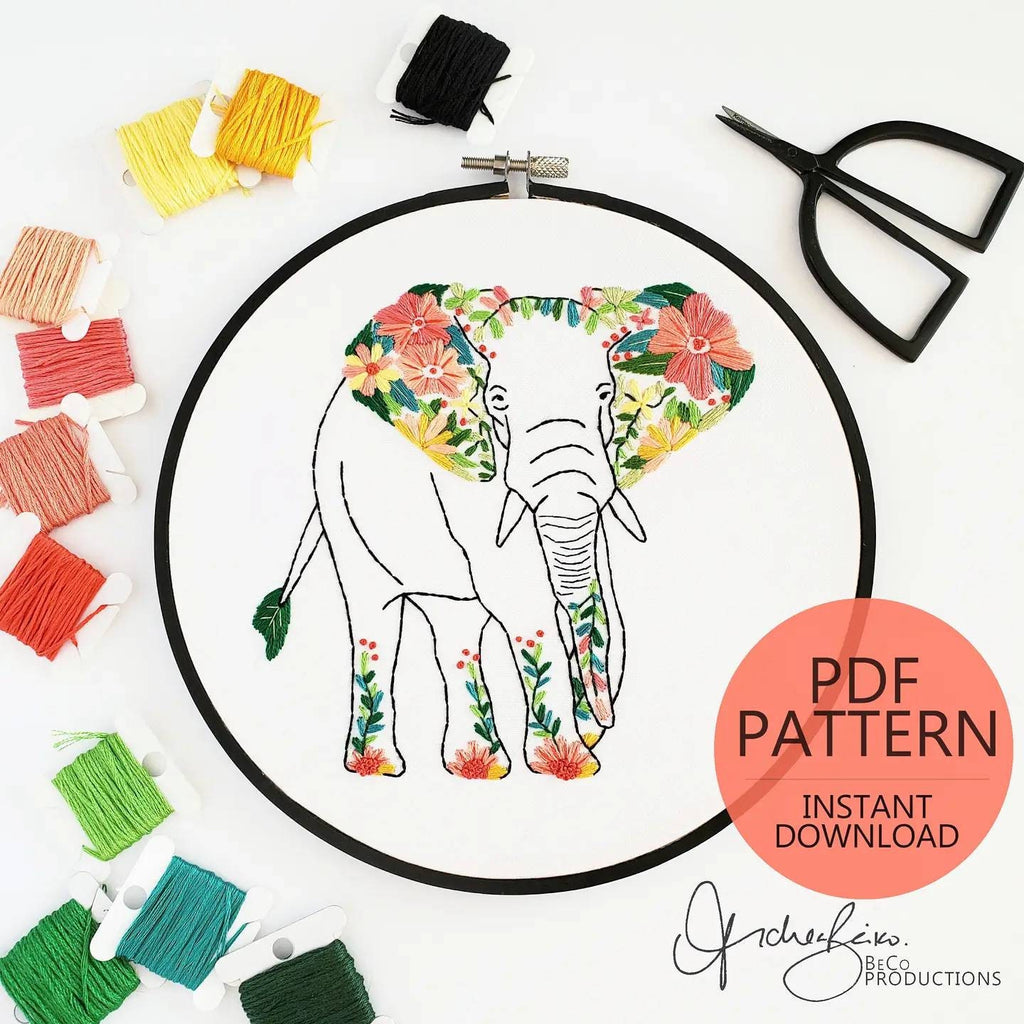Floral Elephant - PDF Digital Download Embroidery Pattern & Guide
