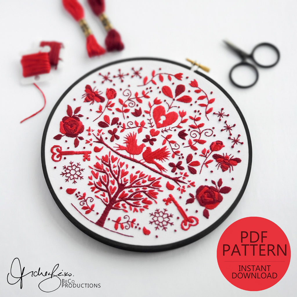 FEBRUARY Monthly Monochromatic Folk Art Inspired Series - PDF Digital Download Embroidery Pattern & Guide
