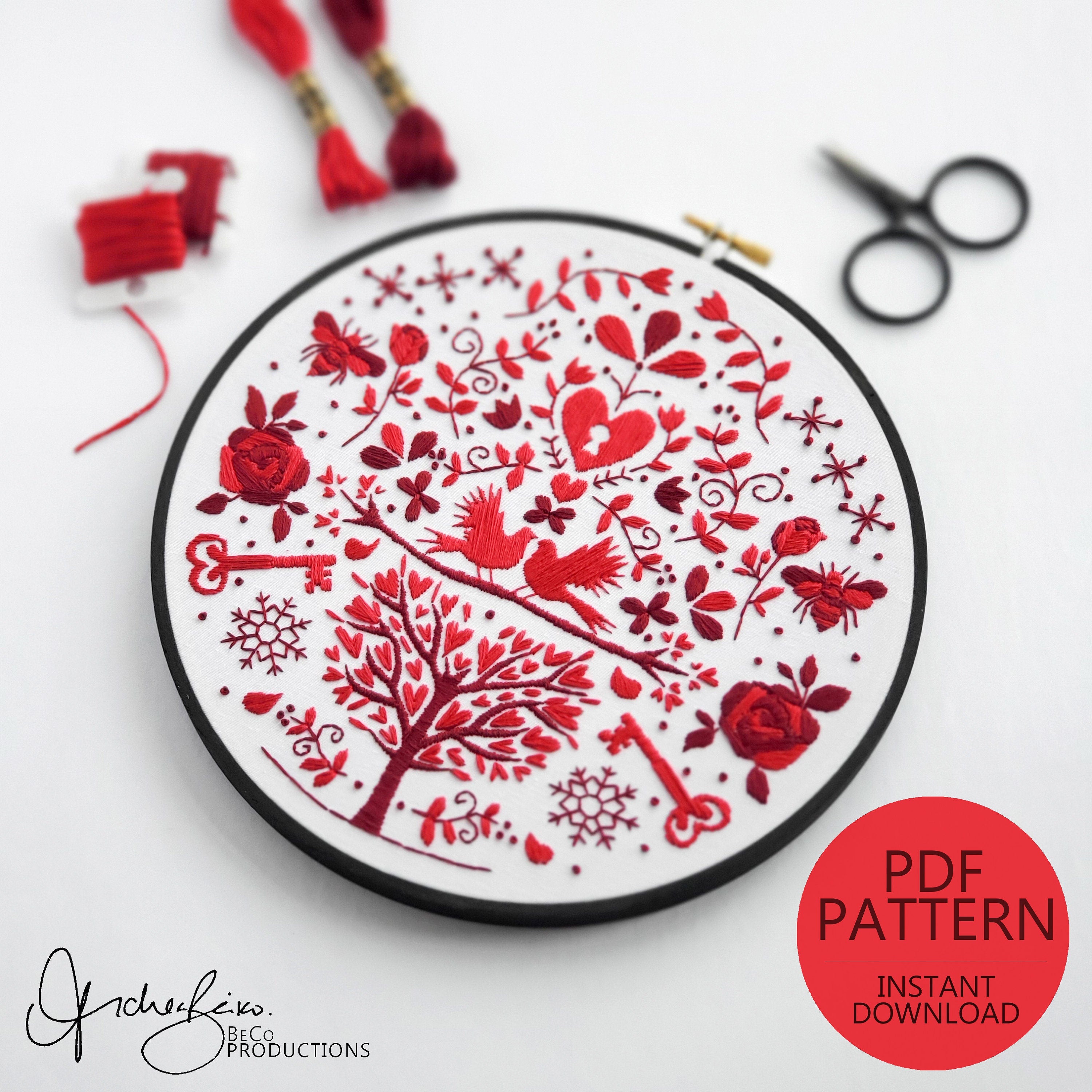 FEBRUARY Monthly Monochromatic Folk Art Inspired Series - PDF Digital Download Embroidery Pattern & Guide