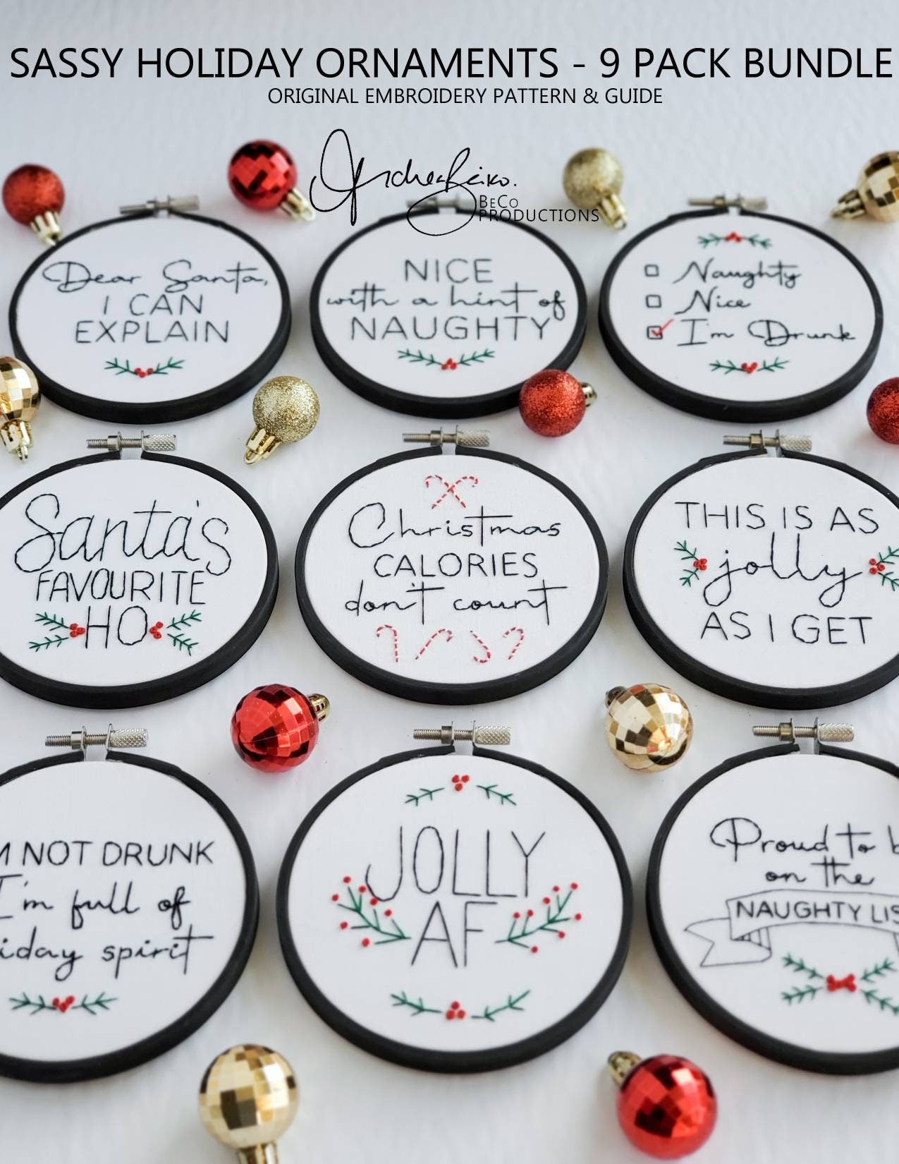 Sassy & Funny Christmas Ornament Bundle - PDF Digital Download Embroidery Patterns & Guide
