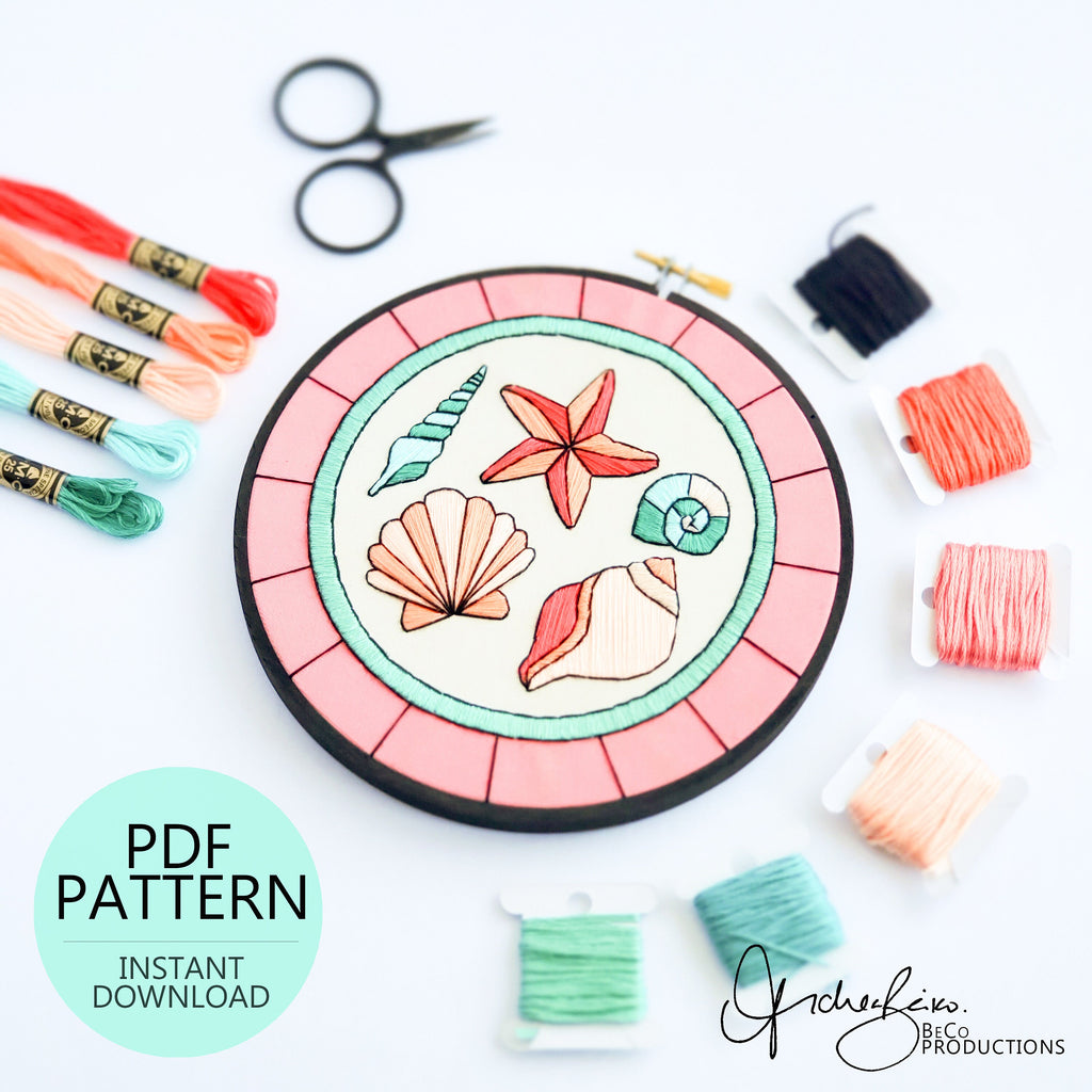 JULY Monthly Series Stained Glass Seashells- PDF Digital Download Embroidery Pattern & Guide