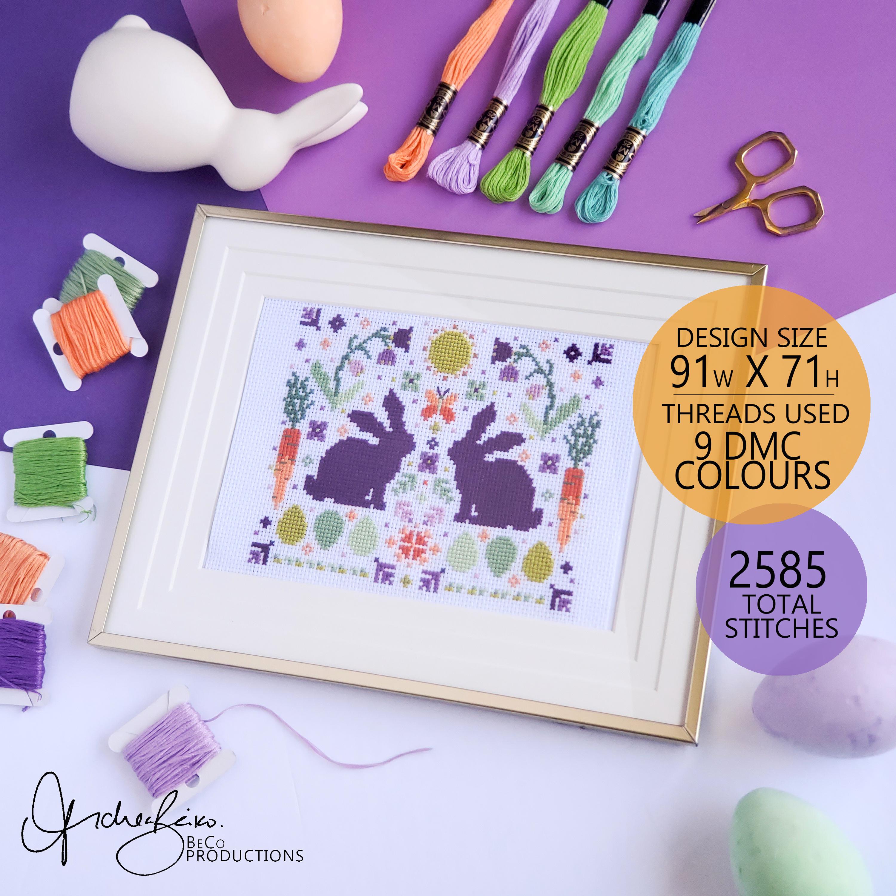Spring Rabbit Folk Art Scene - PDF Digital Download Cross Stitch Pattern & Guide