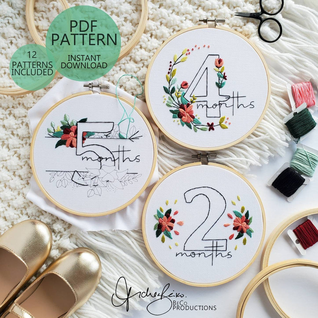 Baby Floral Milestones (6inch Hoops - 12 Patterns Total) - PDF Digital Download Embroidery Pattern & Guide