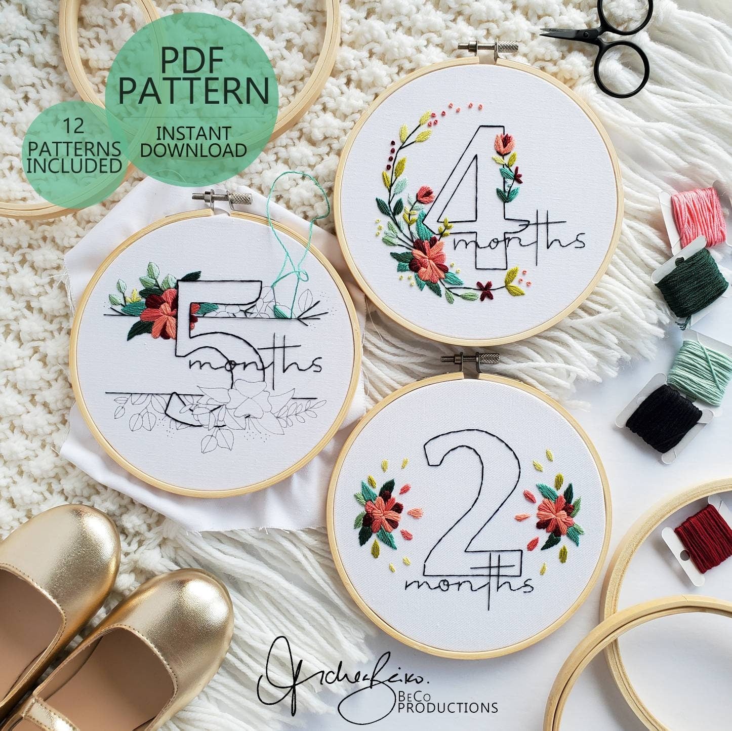 Baby Floral Milestones (6inch Hoops - 12 Patterns Total) - PDF Digital Download Embroidery Pattern & Guide