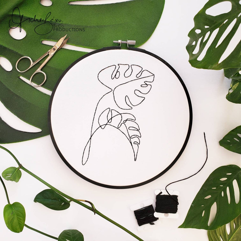 Monstera Leaf Line Drawing - PDF Digital Download Embroidery Pattern & Guide