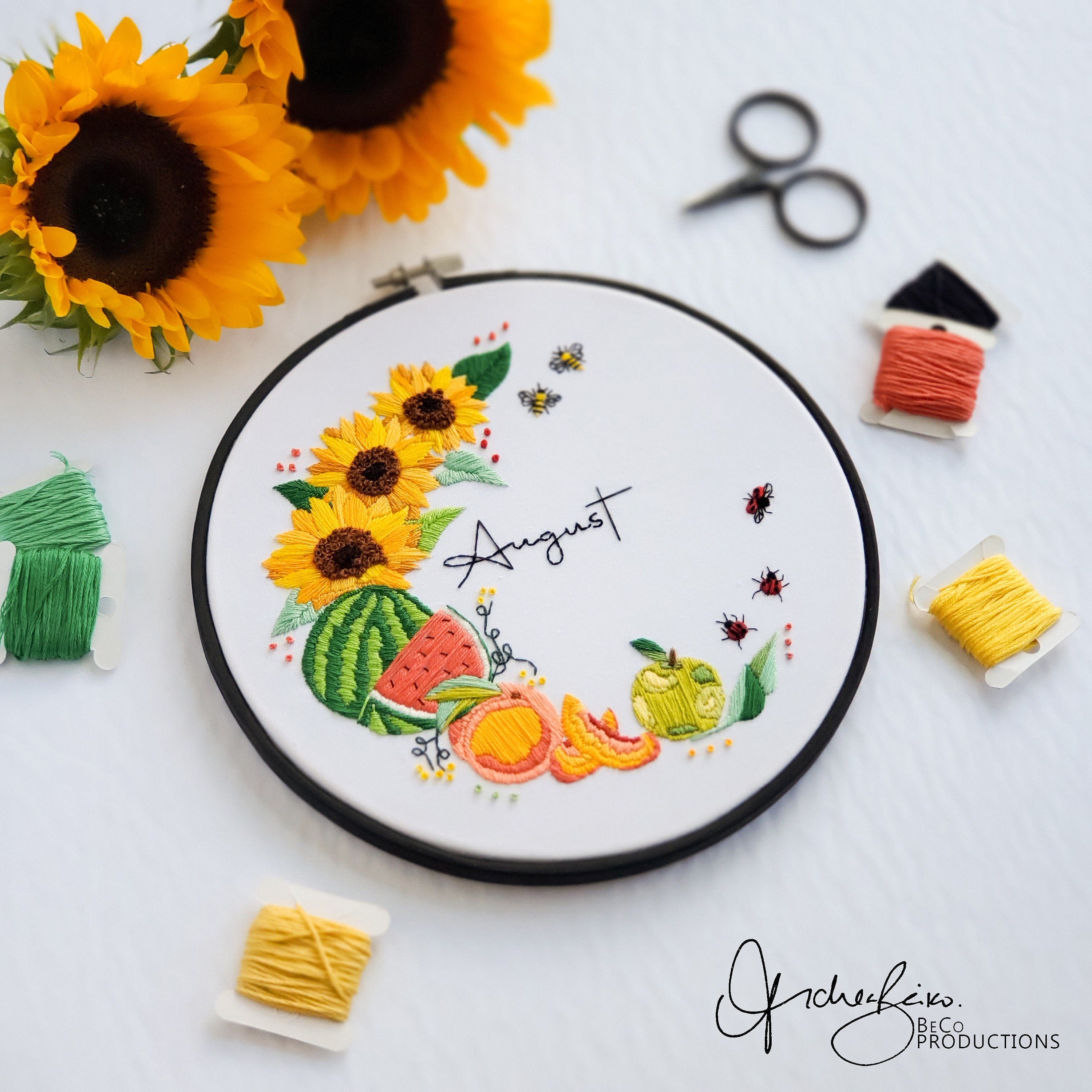 AUGUST Monthly Series Wreath - PDF Digital Download Embroidery Pattern & Guide