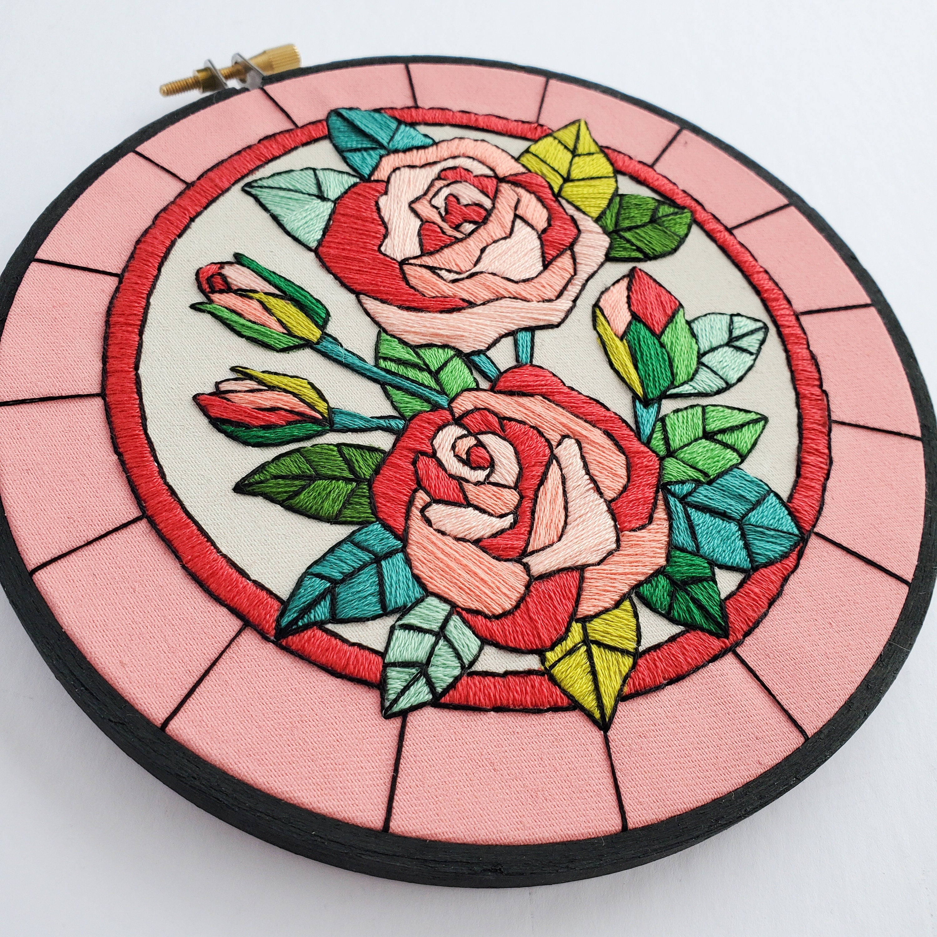 FEBRUARY Monthly Series Stained Glass Roses- PDF Digital Download Embroidery Pattern & Guide