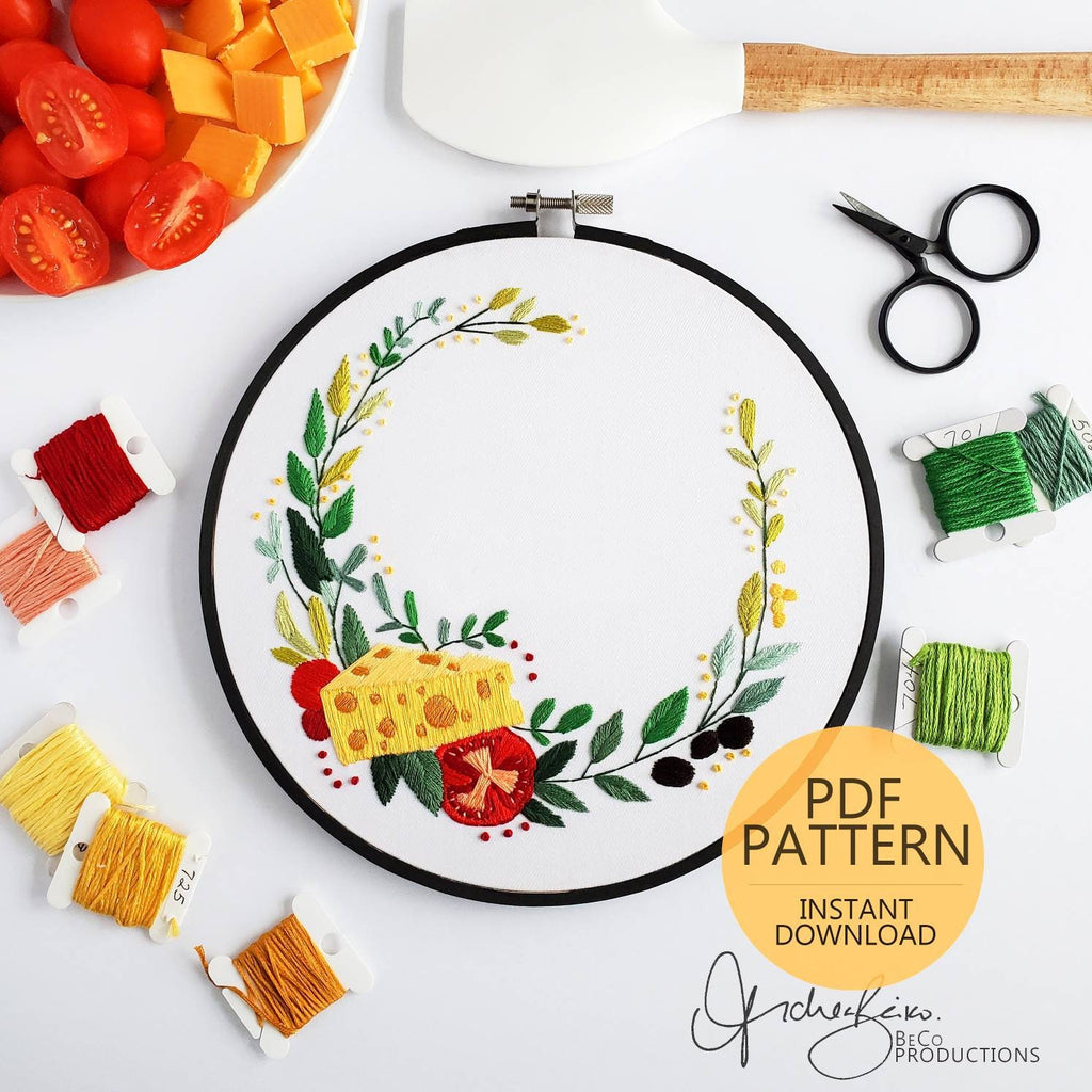 Cheese Food Wreath - PDF Digital Download Embroidery Pattern & Guide