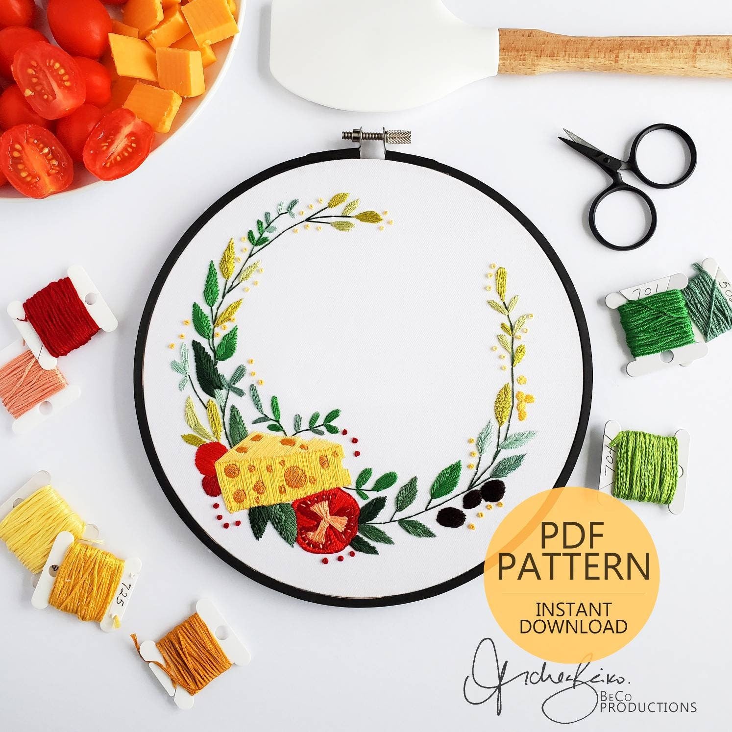 Cheese Food Wreath - PDF Digital Download Embroidery Pattern & Guide