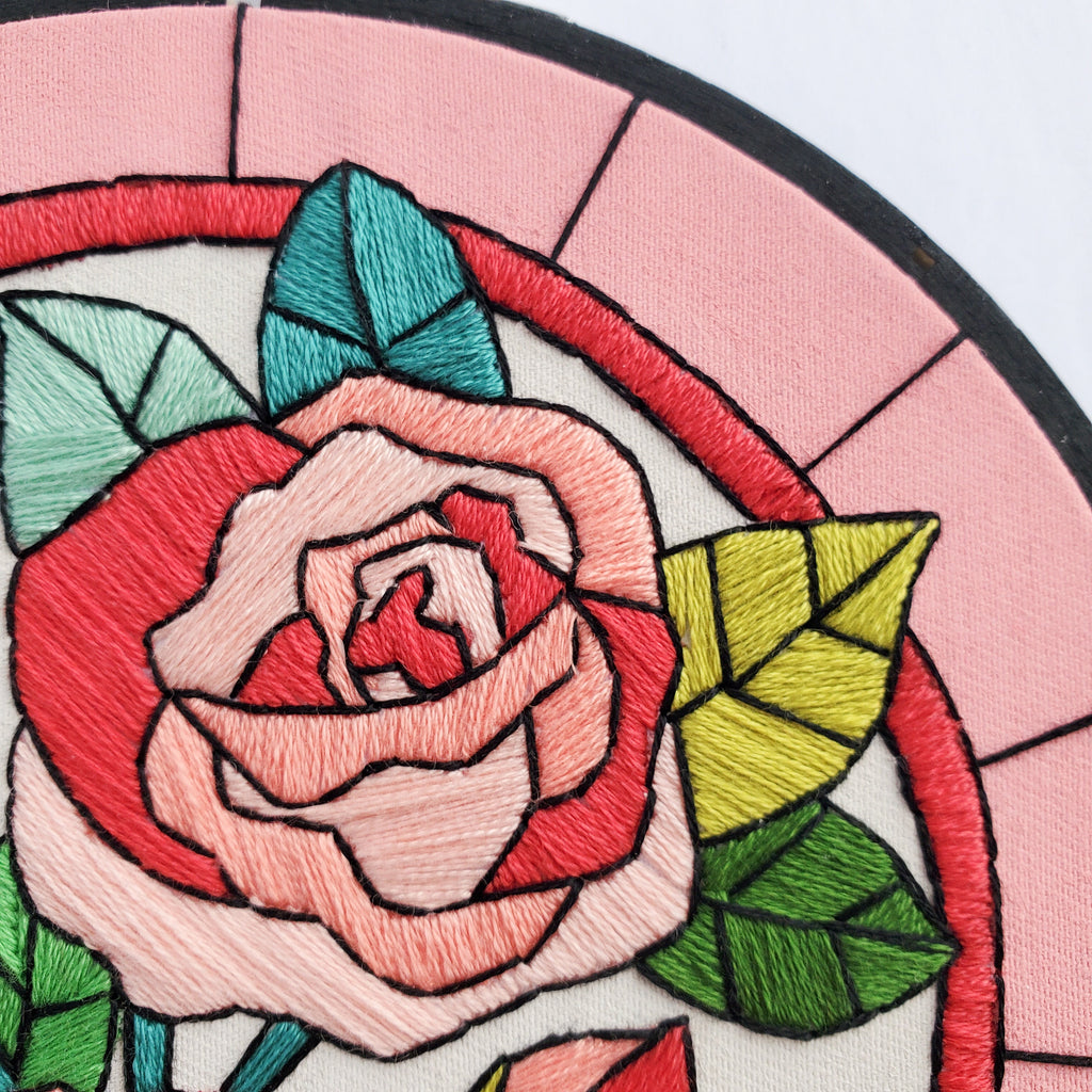 FEBRUARY Monthly Series Stained Glass Roses- PDF Digital Download Embroidery Pattern & Guide