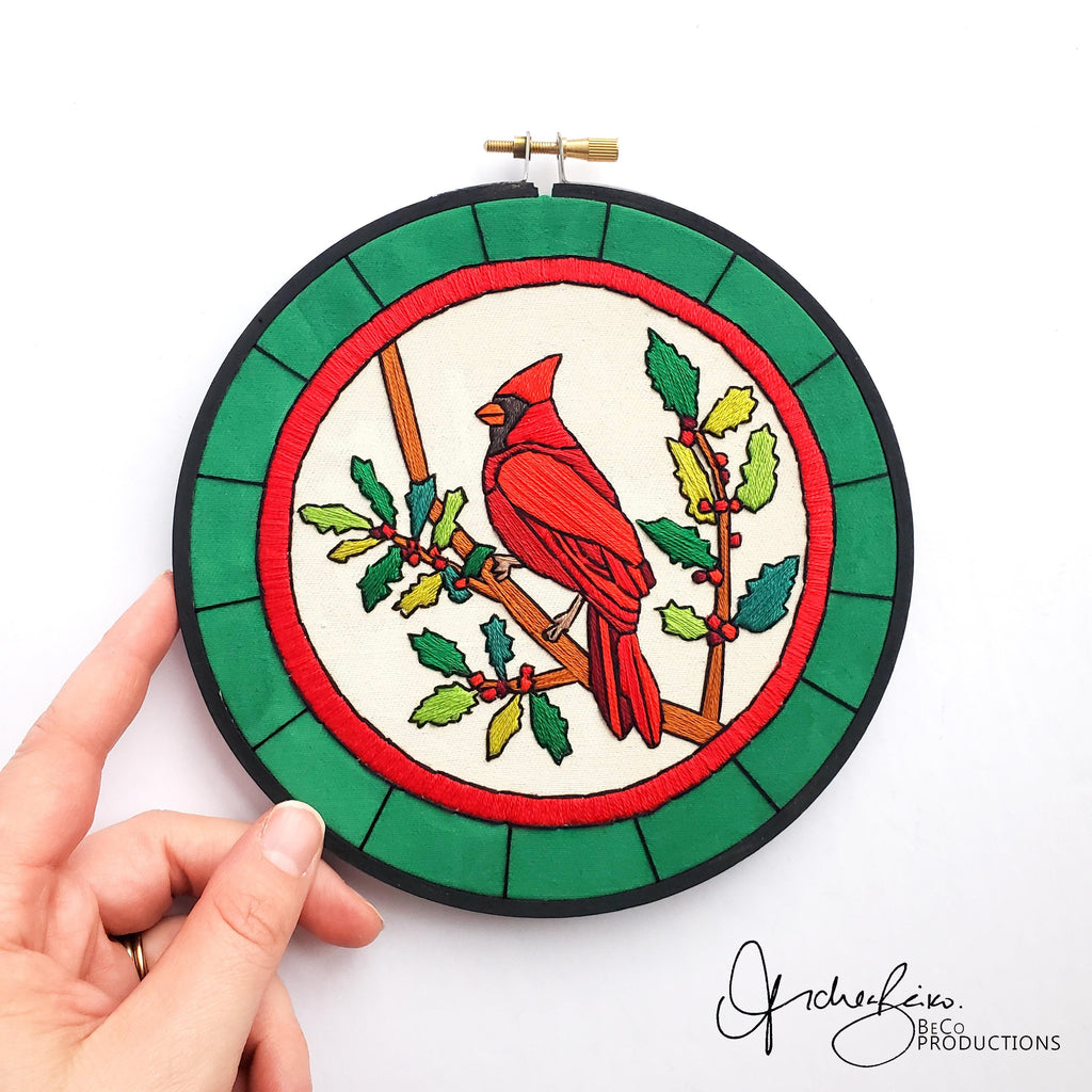 DECEMBER Monthly Series Stained Glass Cardinal - PDF Digital Download Embroidery Pattern & Guide