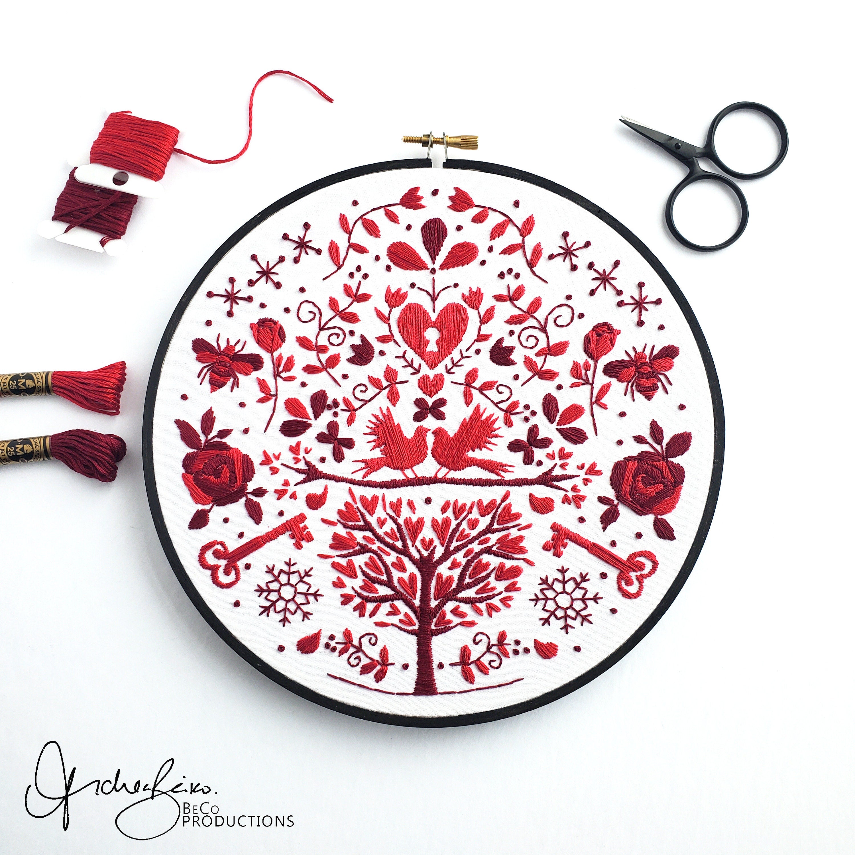 FEBRUARY Monthly Monochromatic Folk Art Inspired Series - PDF Digital Download Embroidery Pattern & Guide