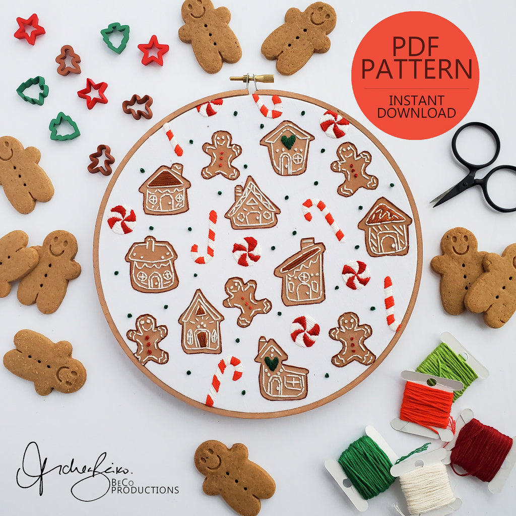 Gingerbread and Candy Cane Print - PDF Digital Download Embroidery Pattern & Guide