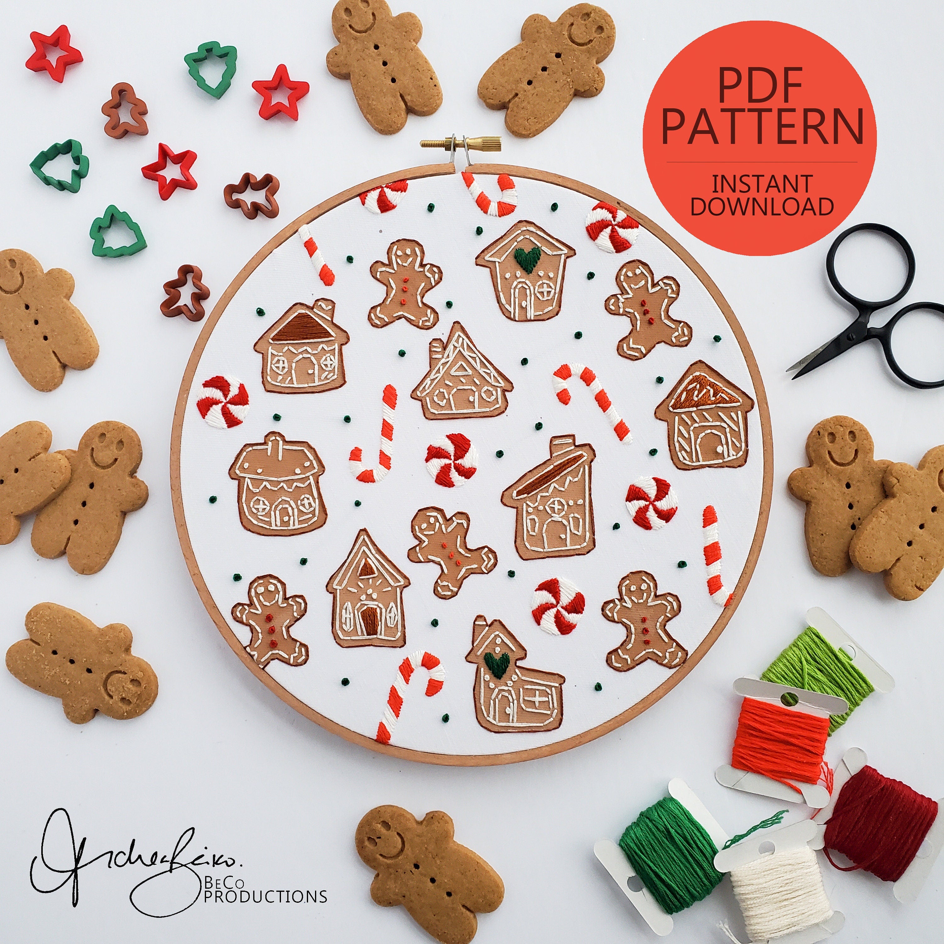 Gingerbread and Candy Cane Print - PDF Digital Download Embroidery Pattern & Guide