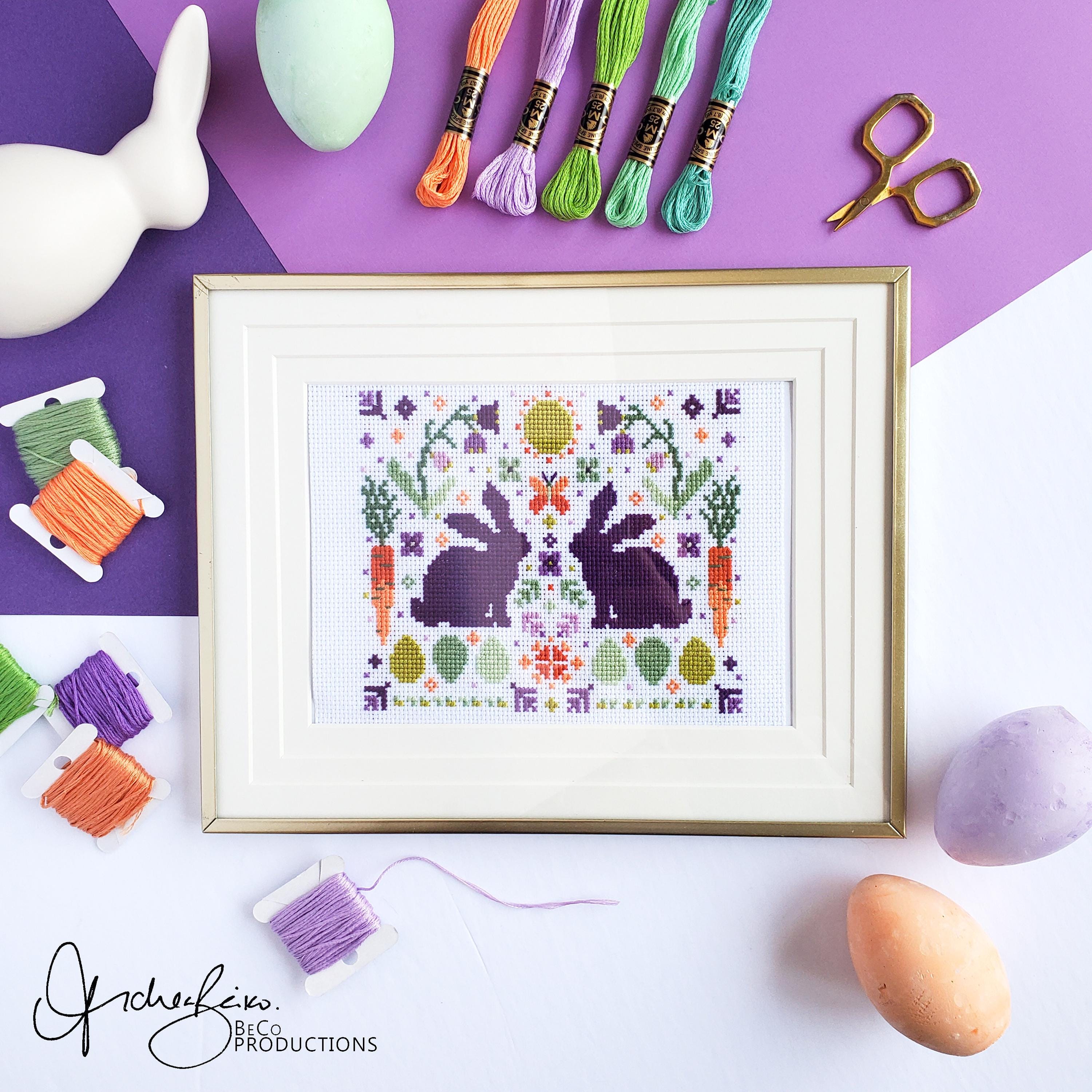 Spring Rabbit Folk Art Scene - PDF Digital Download Cross Stitch Pattern & Guide