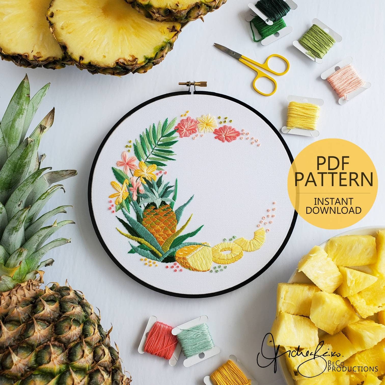 Pineapple Floral Wreath - PDF Digital Download Embroidery Pattern & Guide