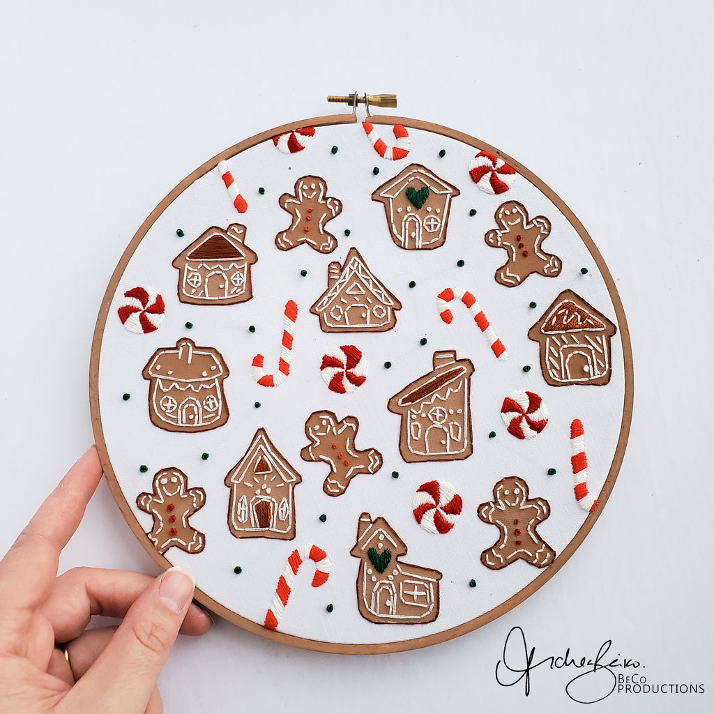 Gingerbread and Candy Cane Print - PDF Digital Download Embroidery Pattern & Guide