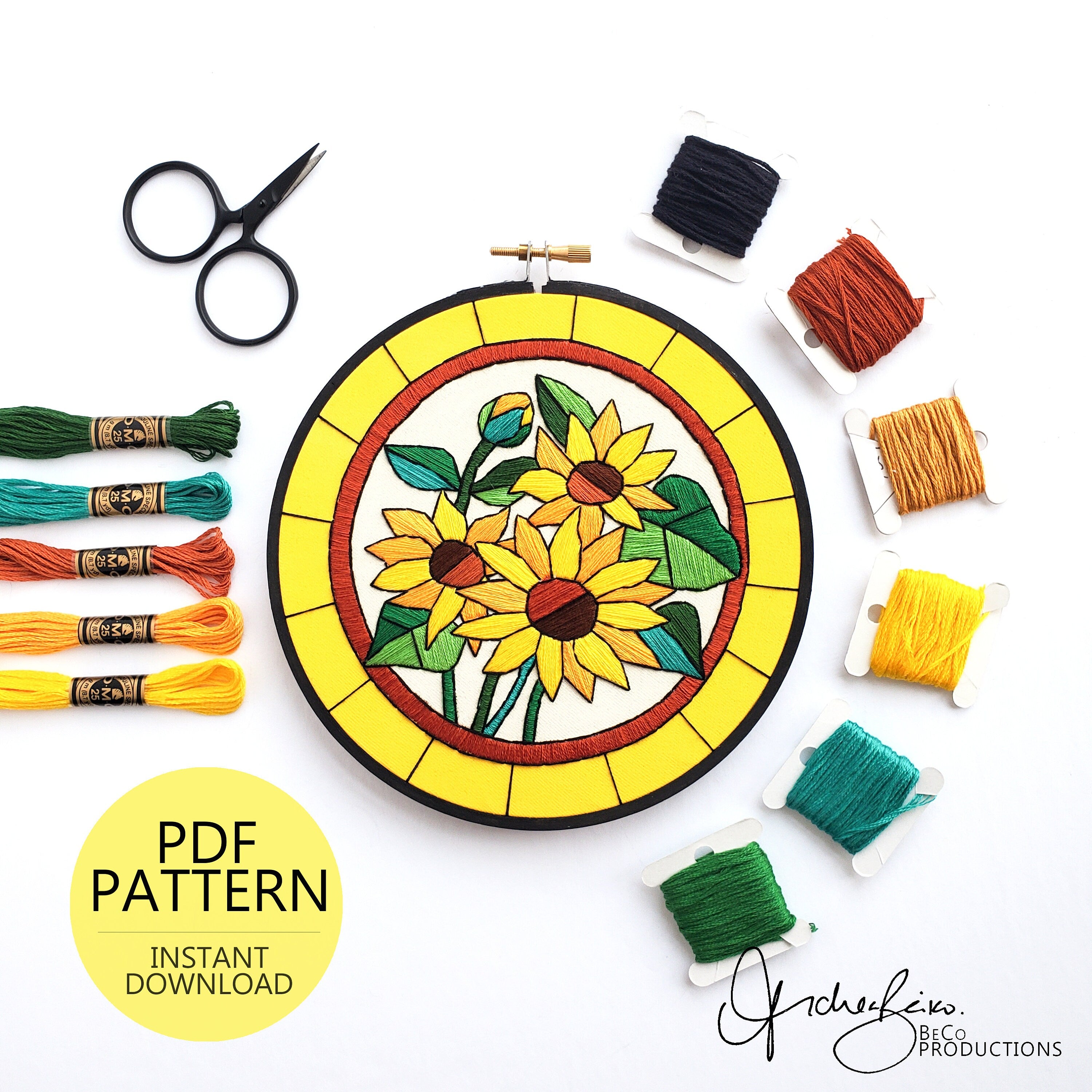 AUGUST Monthly Series Stained Glass Sunflowers- PDF Digital Download Embroidery Pattern & Guide