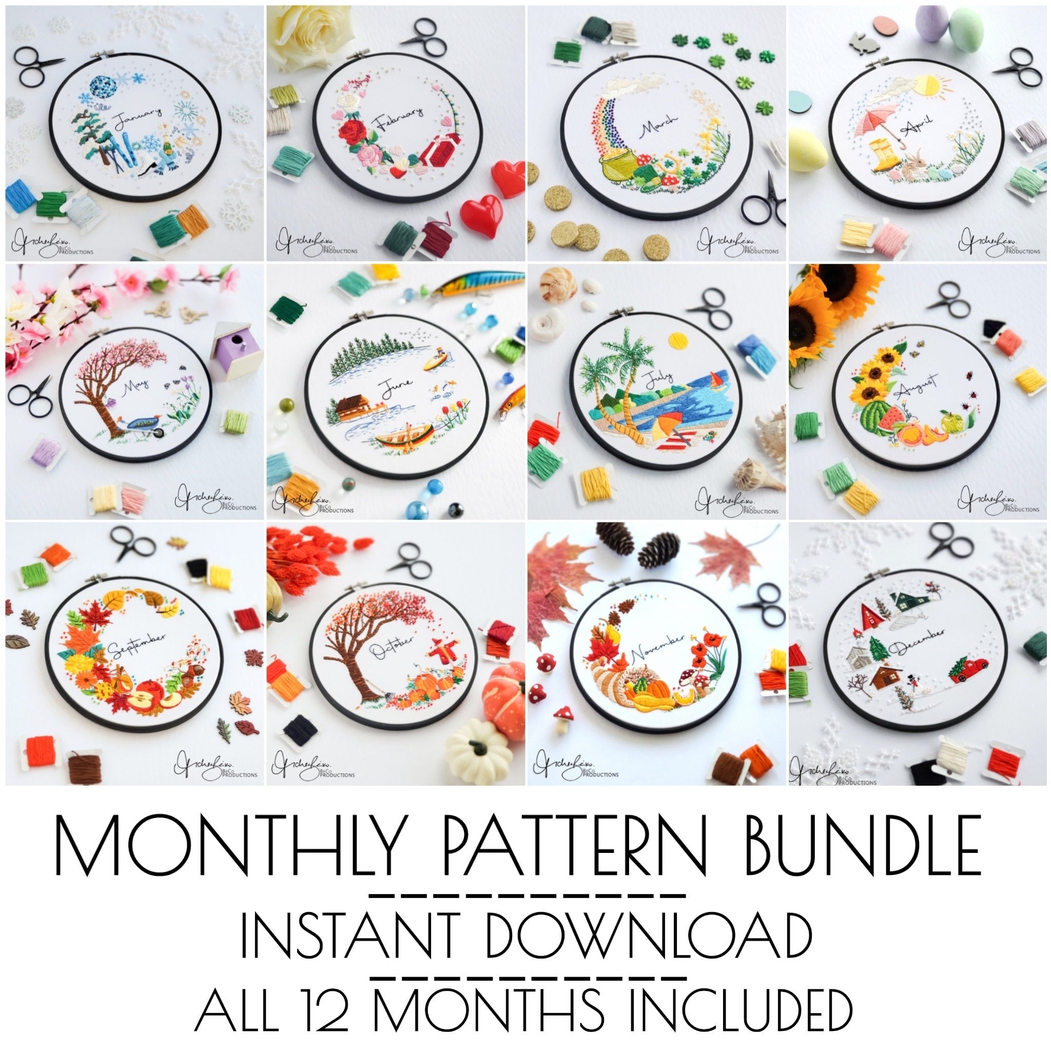 Monthly Series Wreath Bundle - PDF Digital Download Embroidery Pattern & Guide