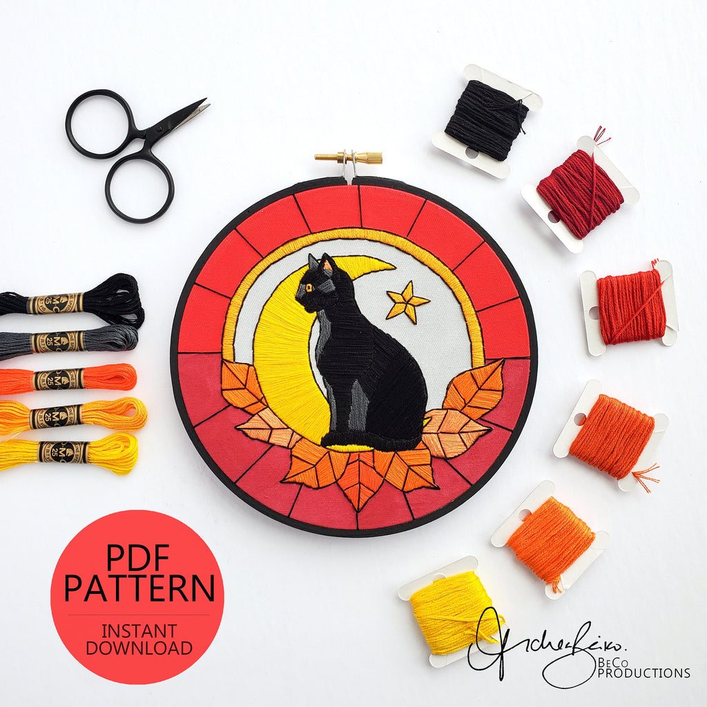 Stained Glass Halloween Black Cat - PDF Digital Download Embroidery Pattern & Guide