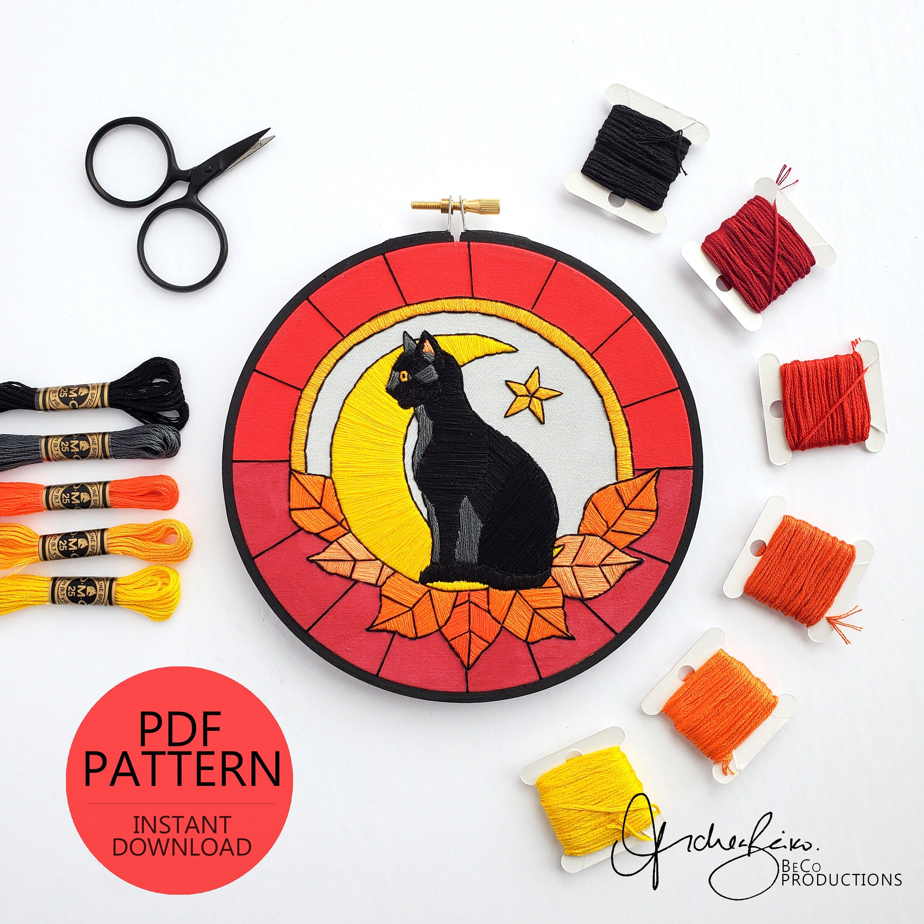 Stained Glass Halloween Black Cat - PDF Digital Download Embroidery Pattern & Guide