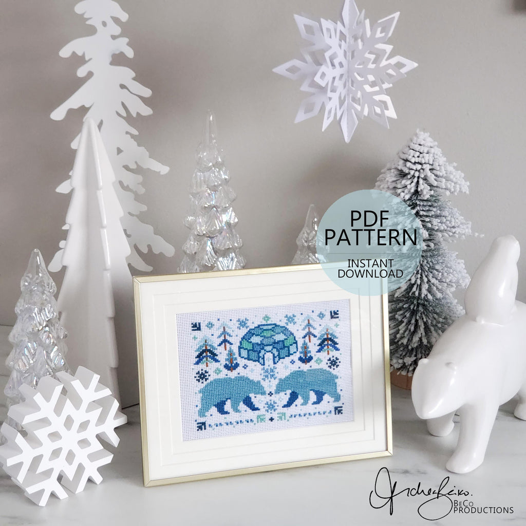 Winter Polar Bear Folk Art Scene - PDF Digital Download Cross Stitch Pattern & Guide