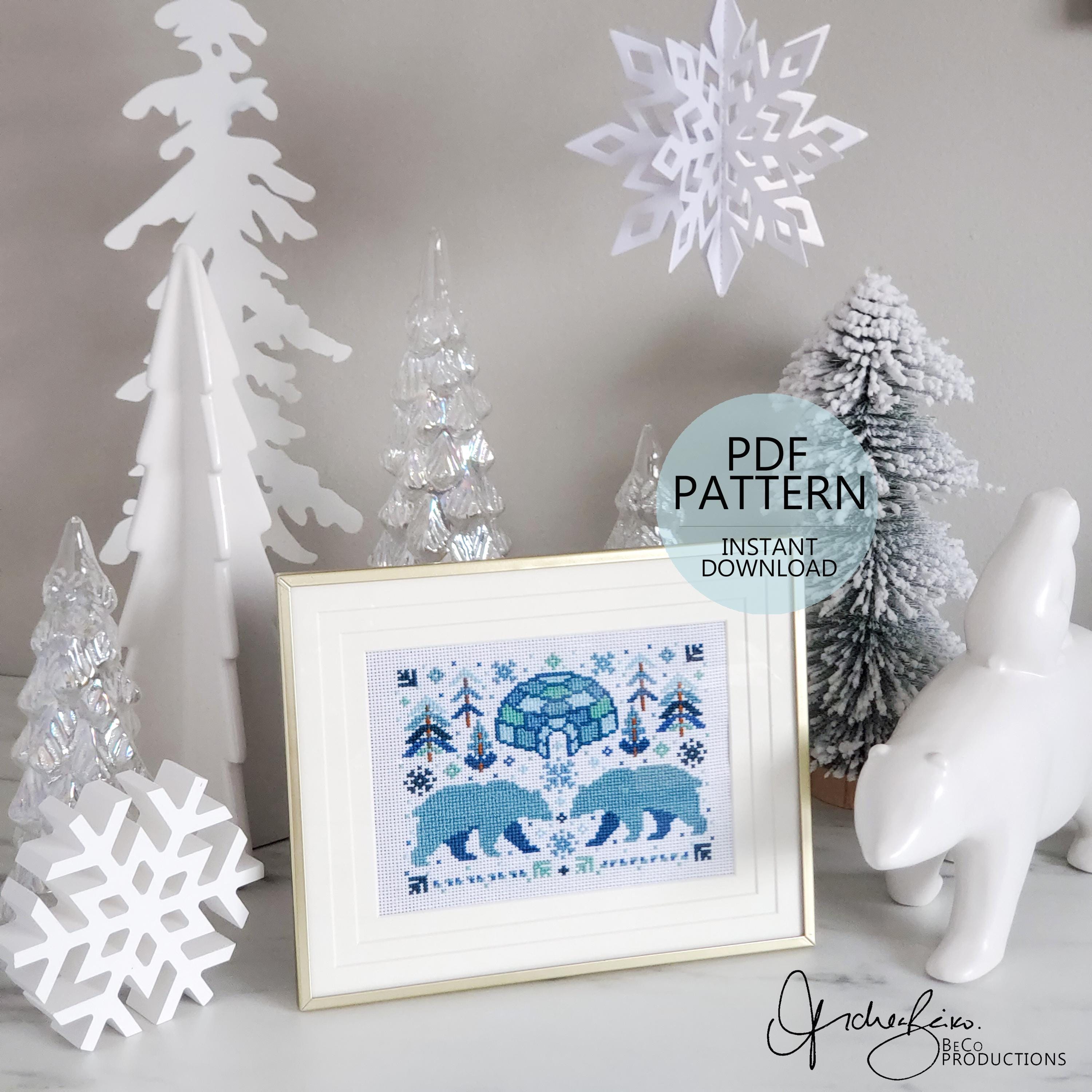 Winter Polar Bear Folk Art Scene - PDF Digital Download Cross Stitch Pattern & Guide