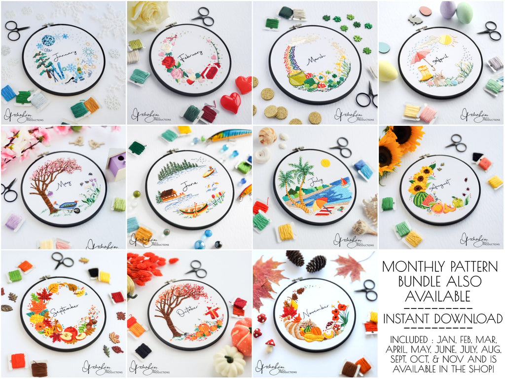 AUGUST Monthly Series Wreath - PDF Digital Download Embroidery Pattern & Guide