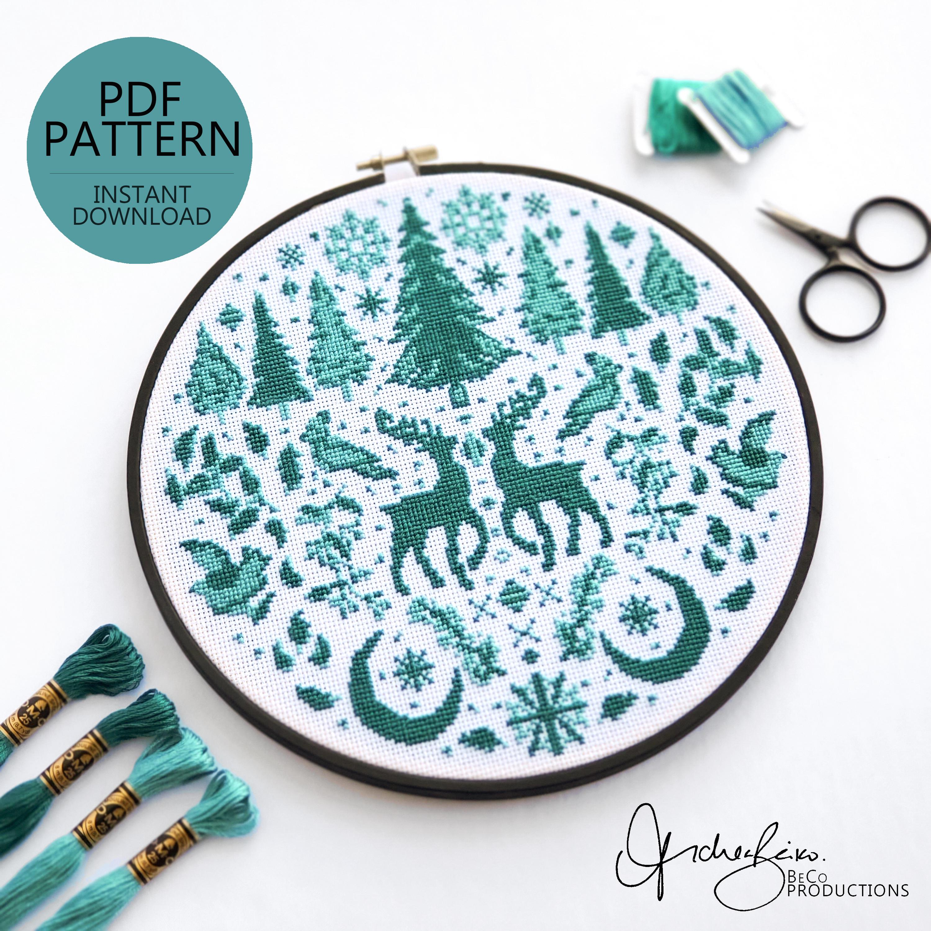 Monochromatic Folk Art Winter Scene - PDF Digital Download Cross Stitch Pattern & Guide