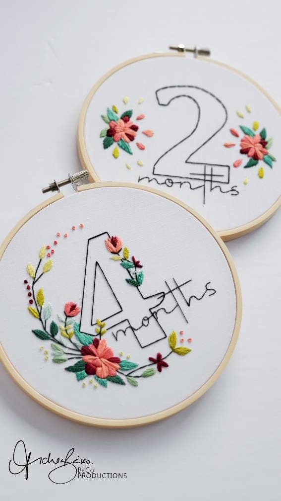 Baby Floral Milestones (6inch Hoops - 12 Patterns Total) - PDF Digital Download Embroidery Pattern & Guide