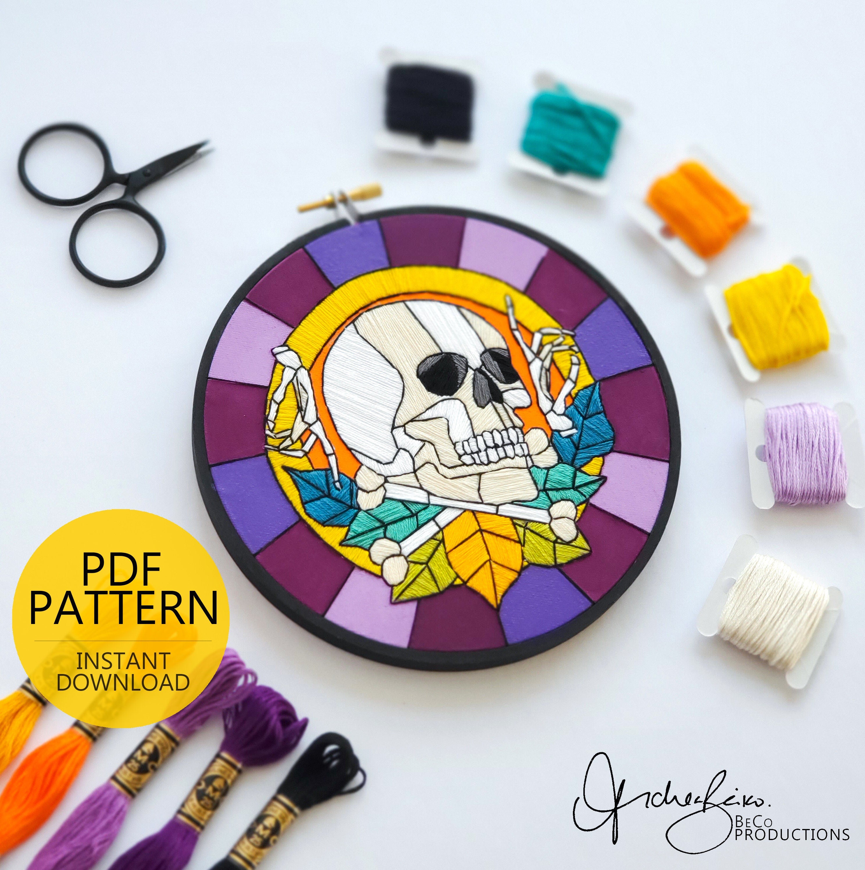 Stained Glass Halloween Skull and Bones - PDF Digital Download Embroidery Pattern & Guide