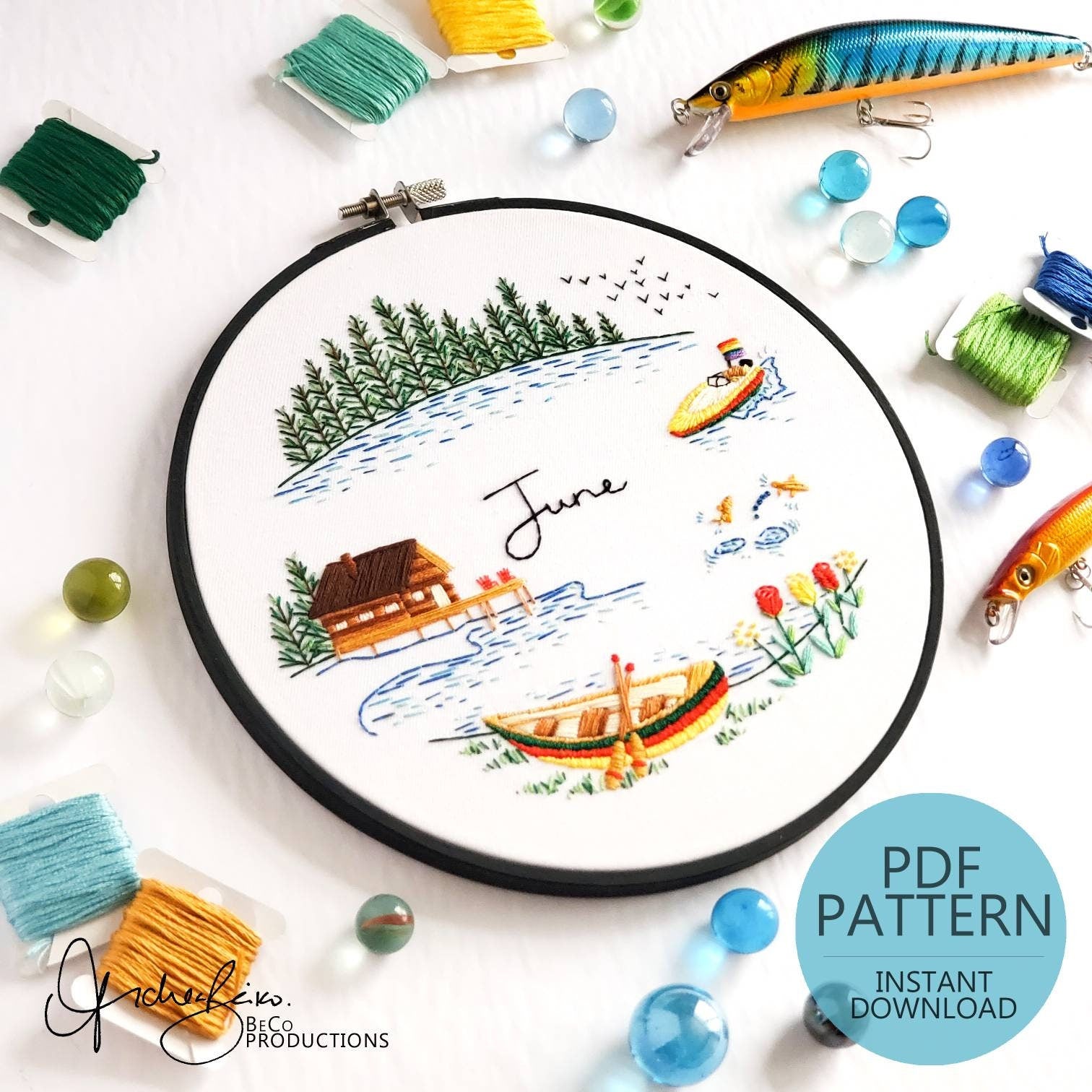 JUNE Monthly Series Wreath - PDF Digital Download Embroidery Pattern & Guide