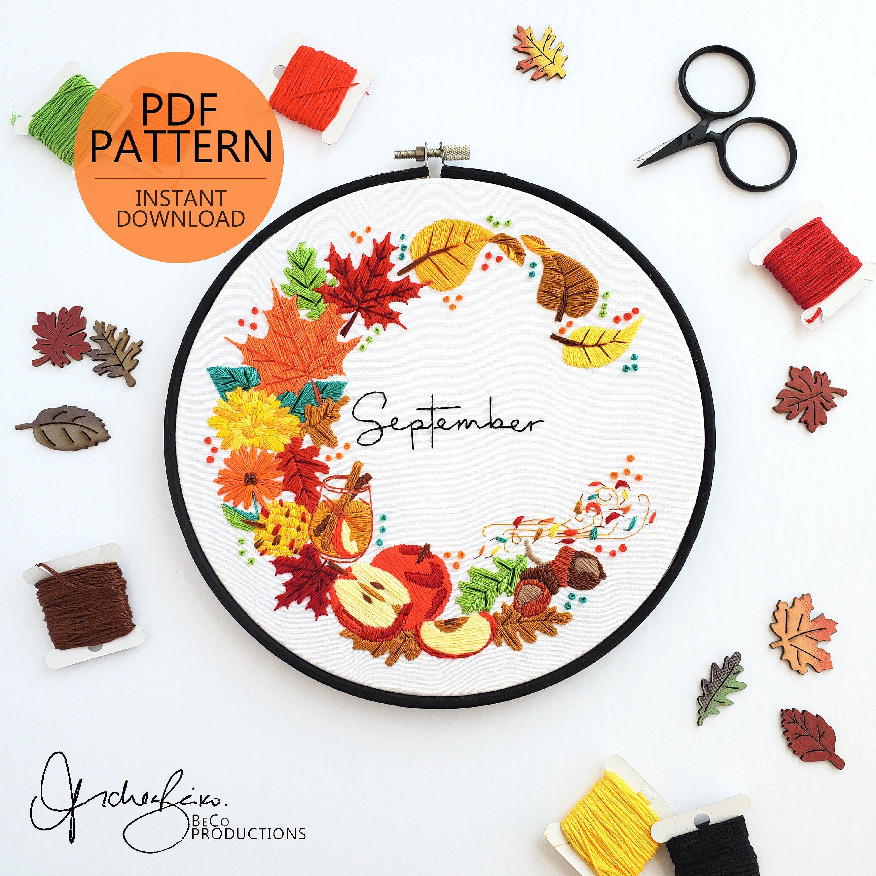 SEPTEMBER Monthly Series Wreath - PDF Digital Download Embroidery Pattern & Guide