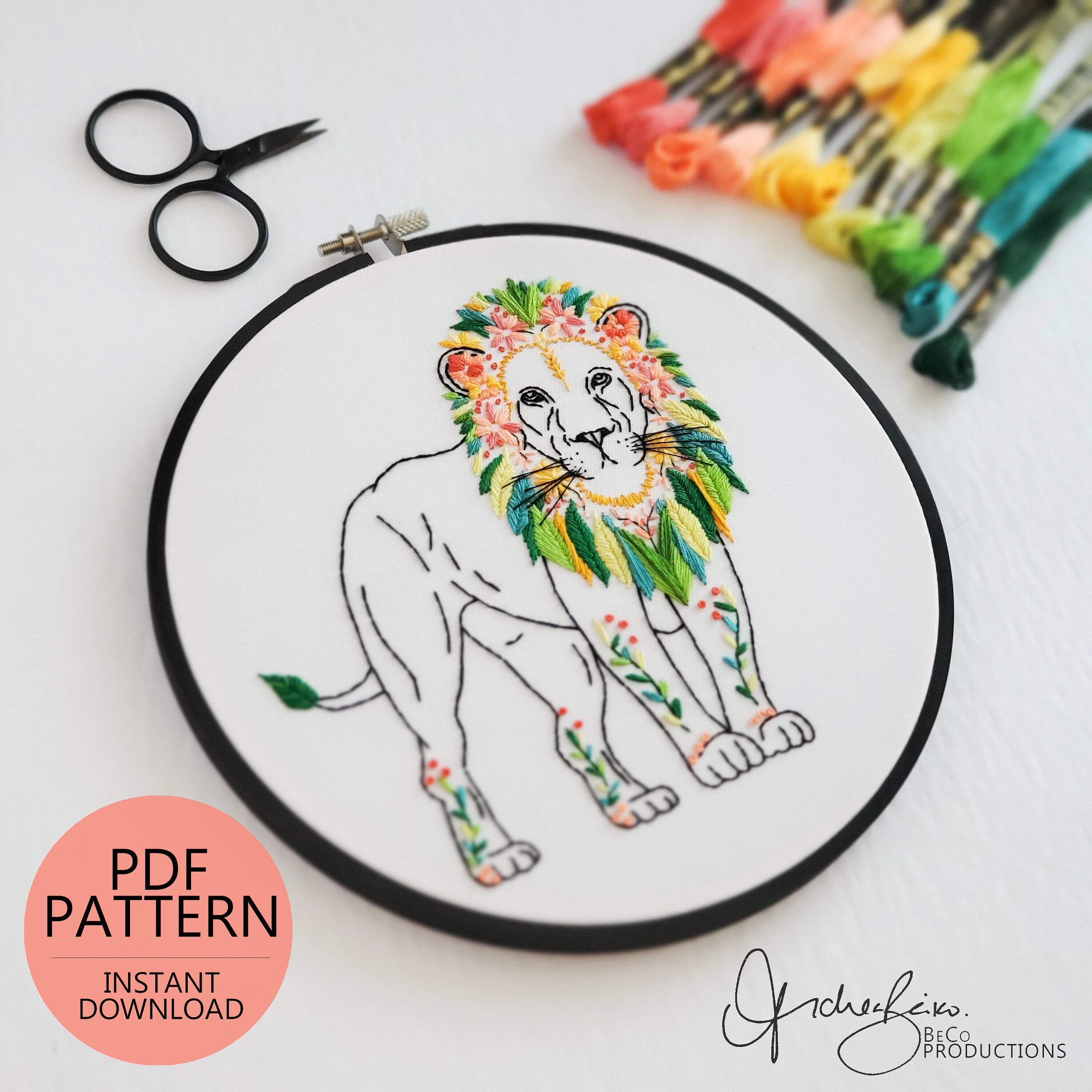 Floral Lion - PDF Digital Download Embroidery Pattern & Guide