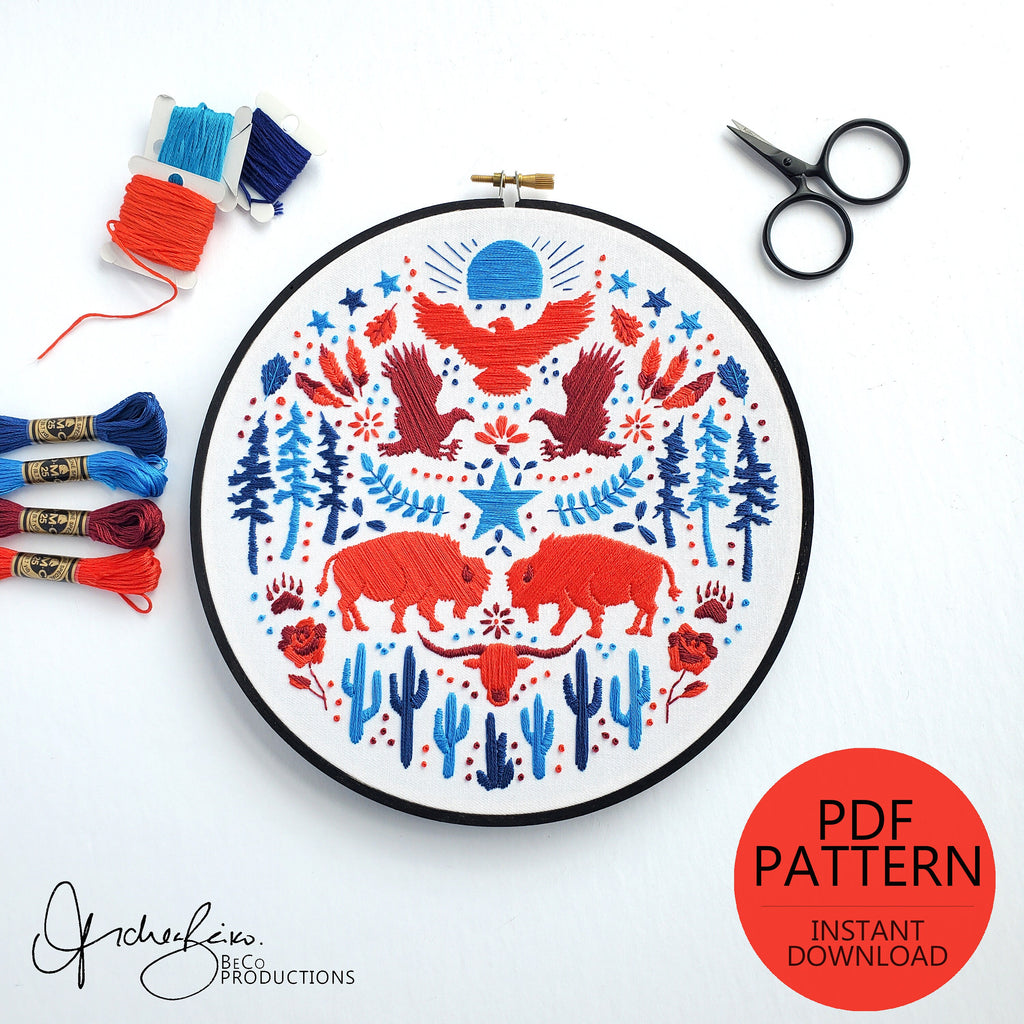 USA American Folk Art Inspired Series - PDF Digital Download Embroidery Pattern & Guide