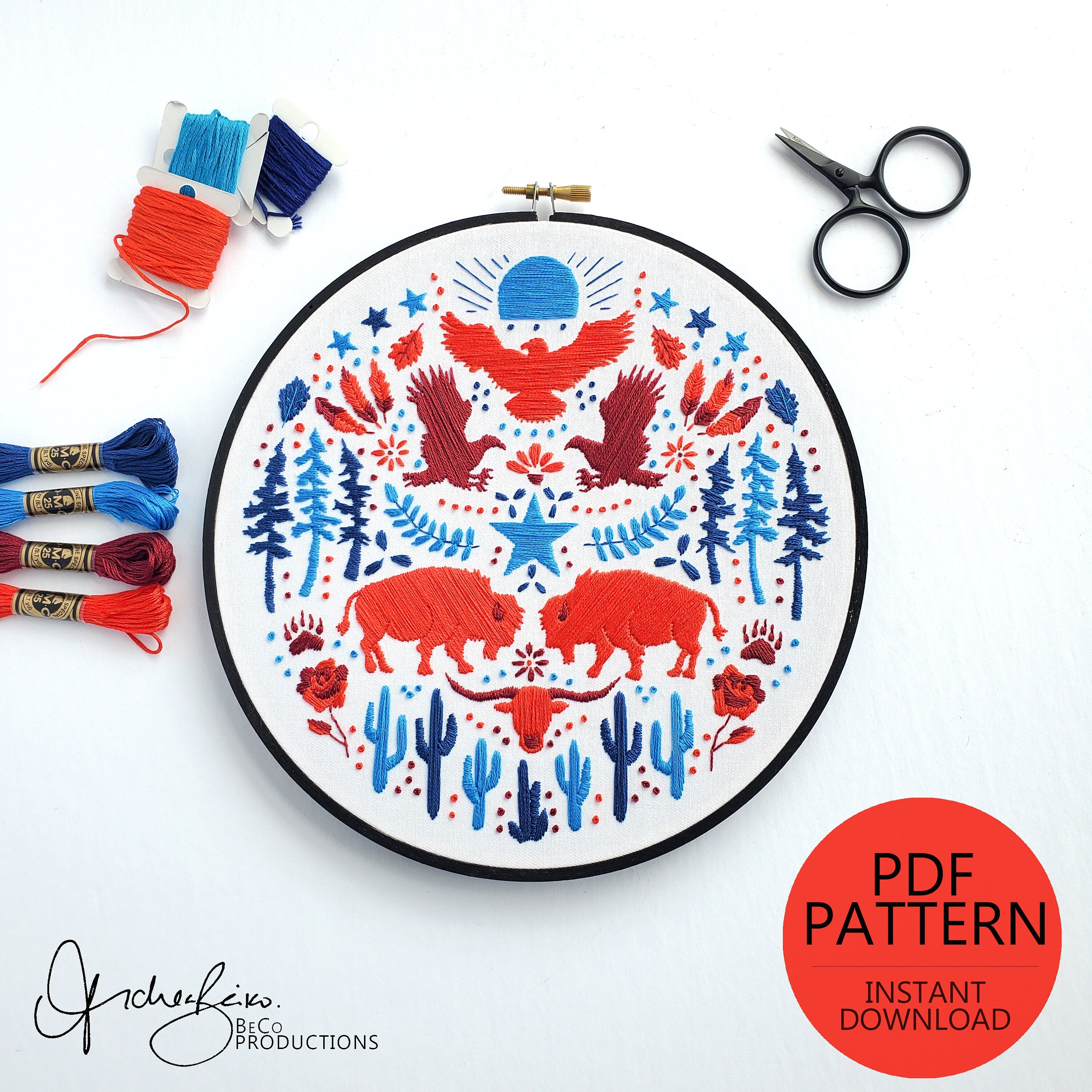 USA American Folk Art Inspired Series - PDF Digital Download Embroidery Pattern & Guide
