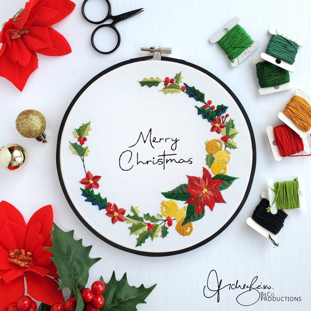 Holiday Poinsettia Wreath - PDF Digital Download Embroidery Pattern & Guide