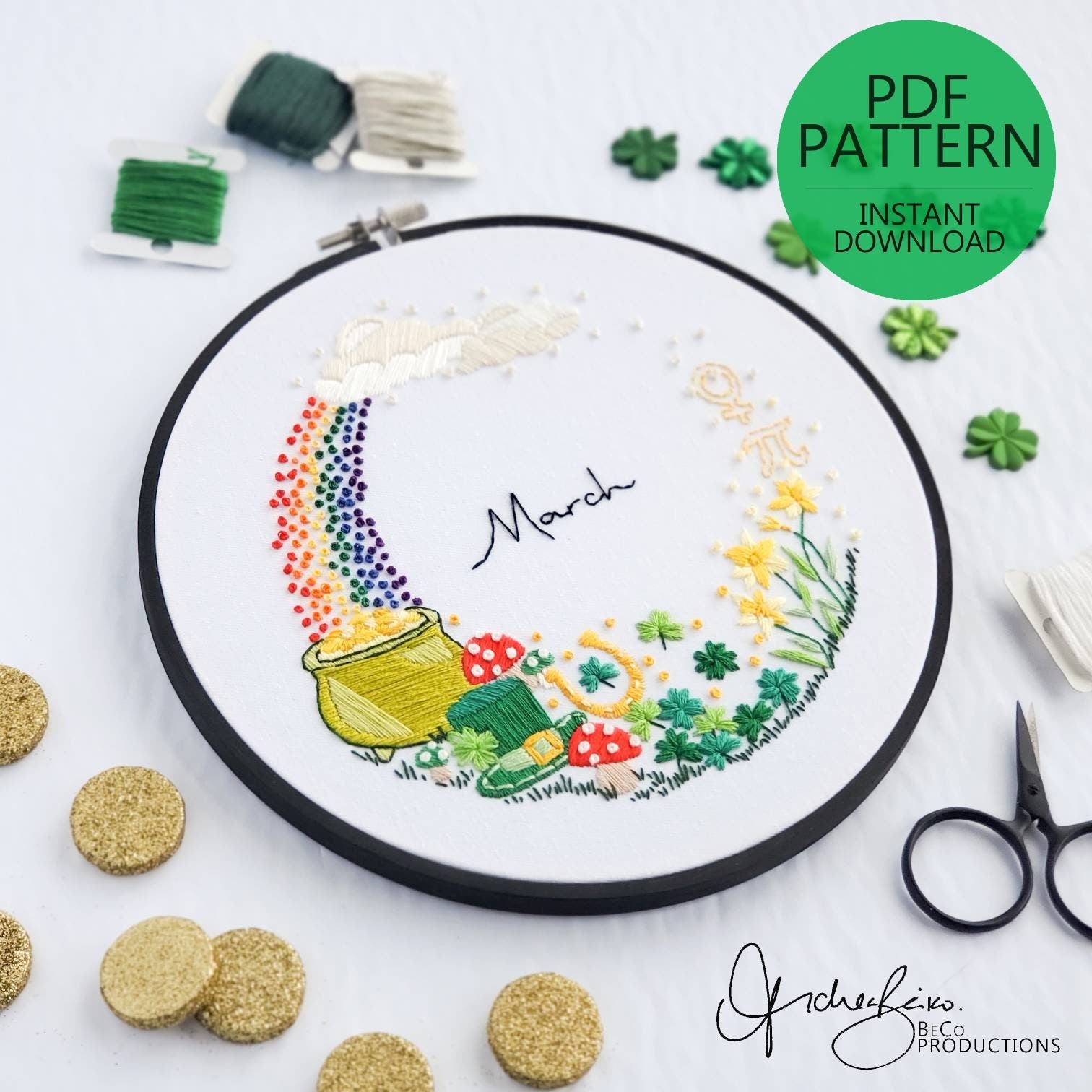 MARCH Monthly Series Wreath - PDF Digital Download Embroidery Pattern & Guide