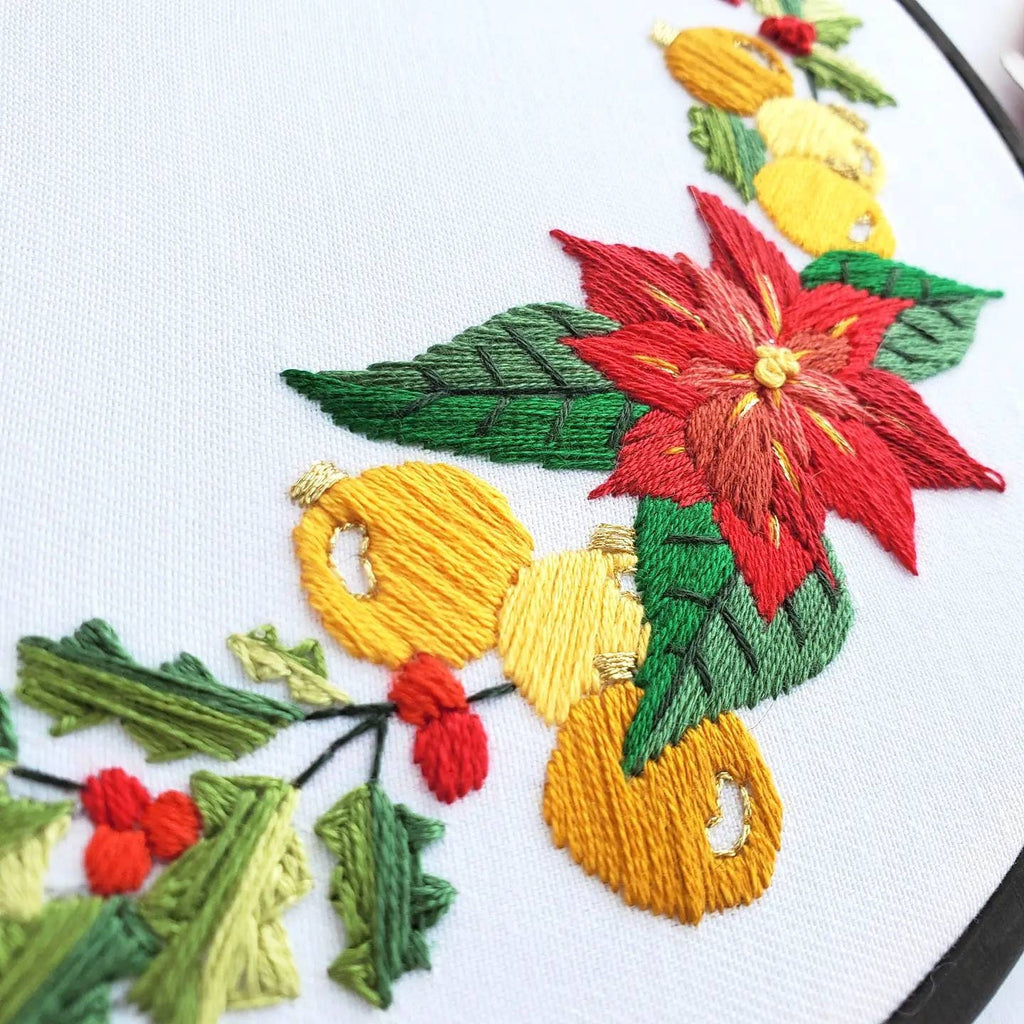 Holiday Poinsettia Wreath - PDF Digital Download Embroidery Pattern & Guide
