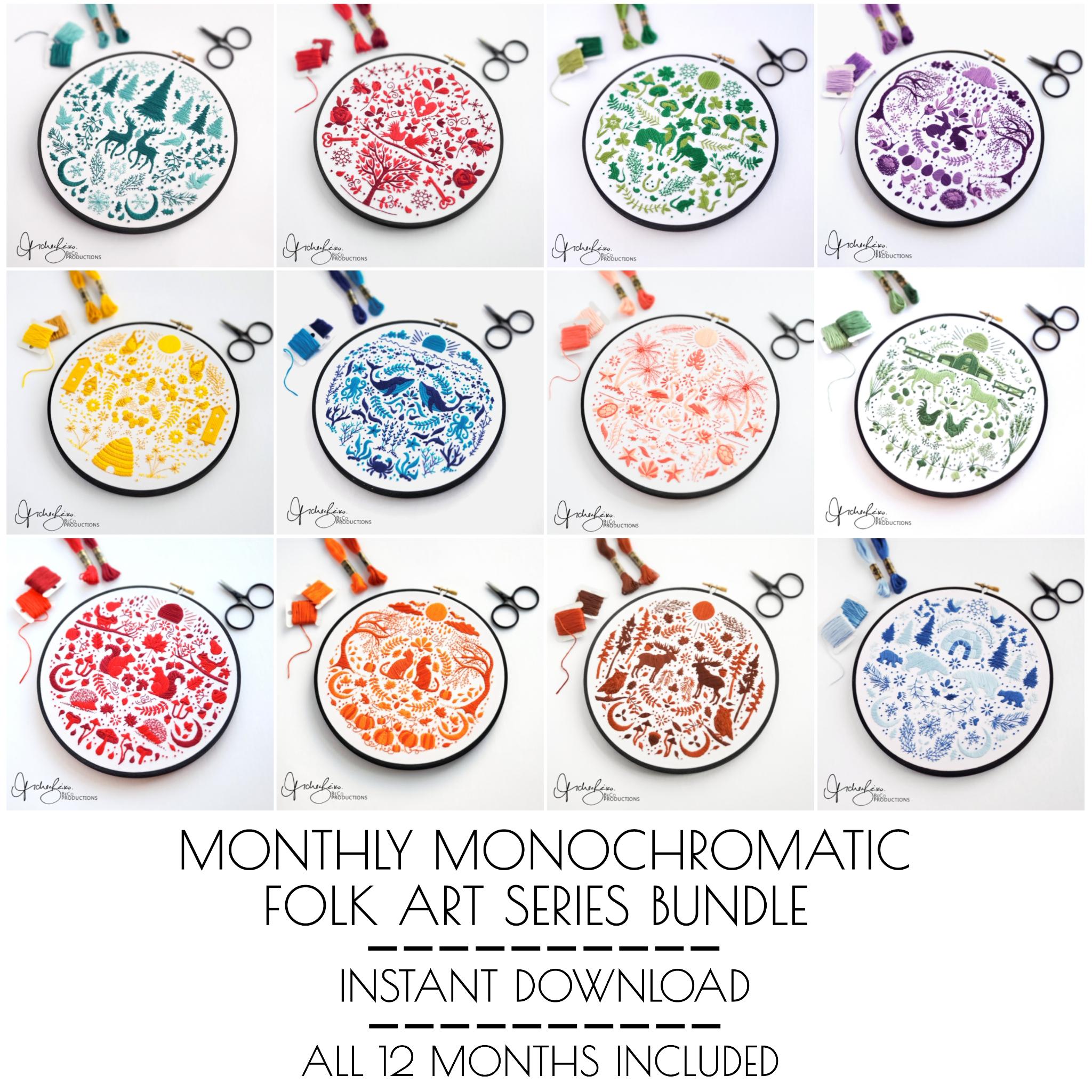 Monochromatic Folk Art Embroidery Series BUNDLE - DIY Digital Download Embroidery Pattern & Guide